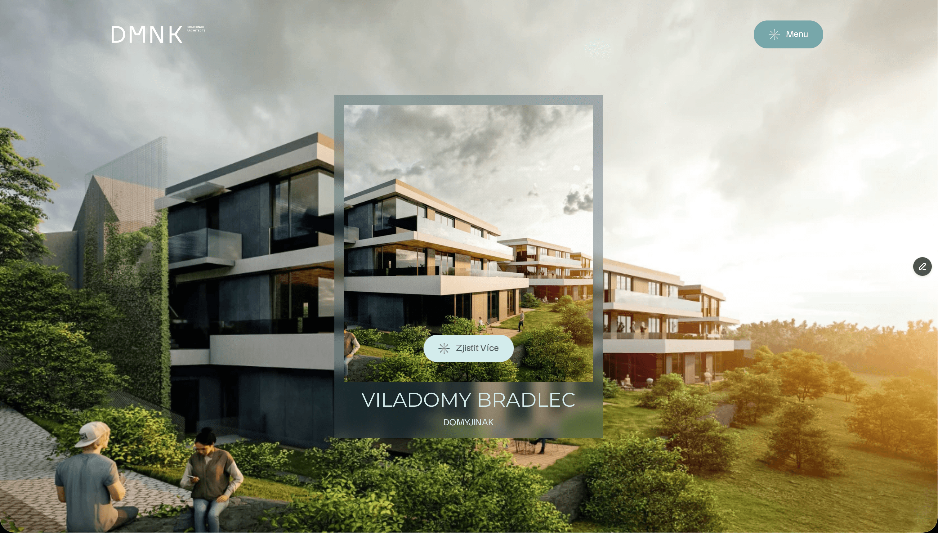 Modern architectural building surrounded by greenery, illuminated by sunset, with people admiring the design.