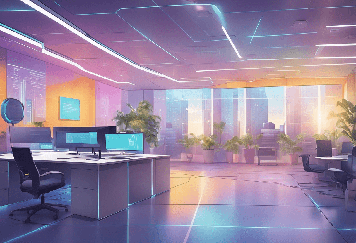 A futuristic office space with holographic job postings and virtual reality interviews, showcasing cutting-edge talent acquisition techniques