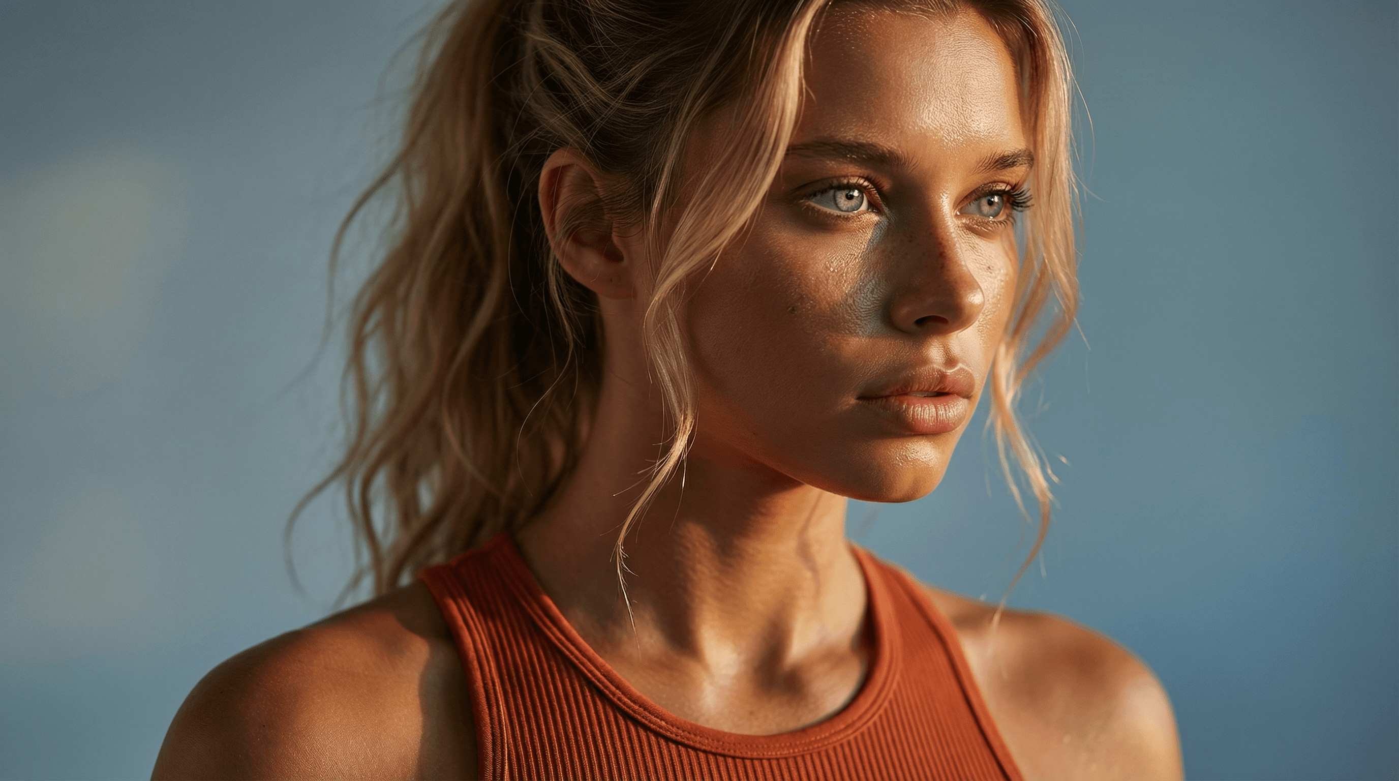 Rachel, personal trainer, looking to the side confidently in a fitness studio