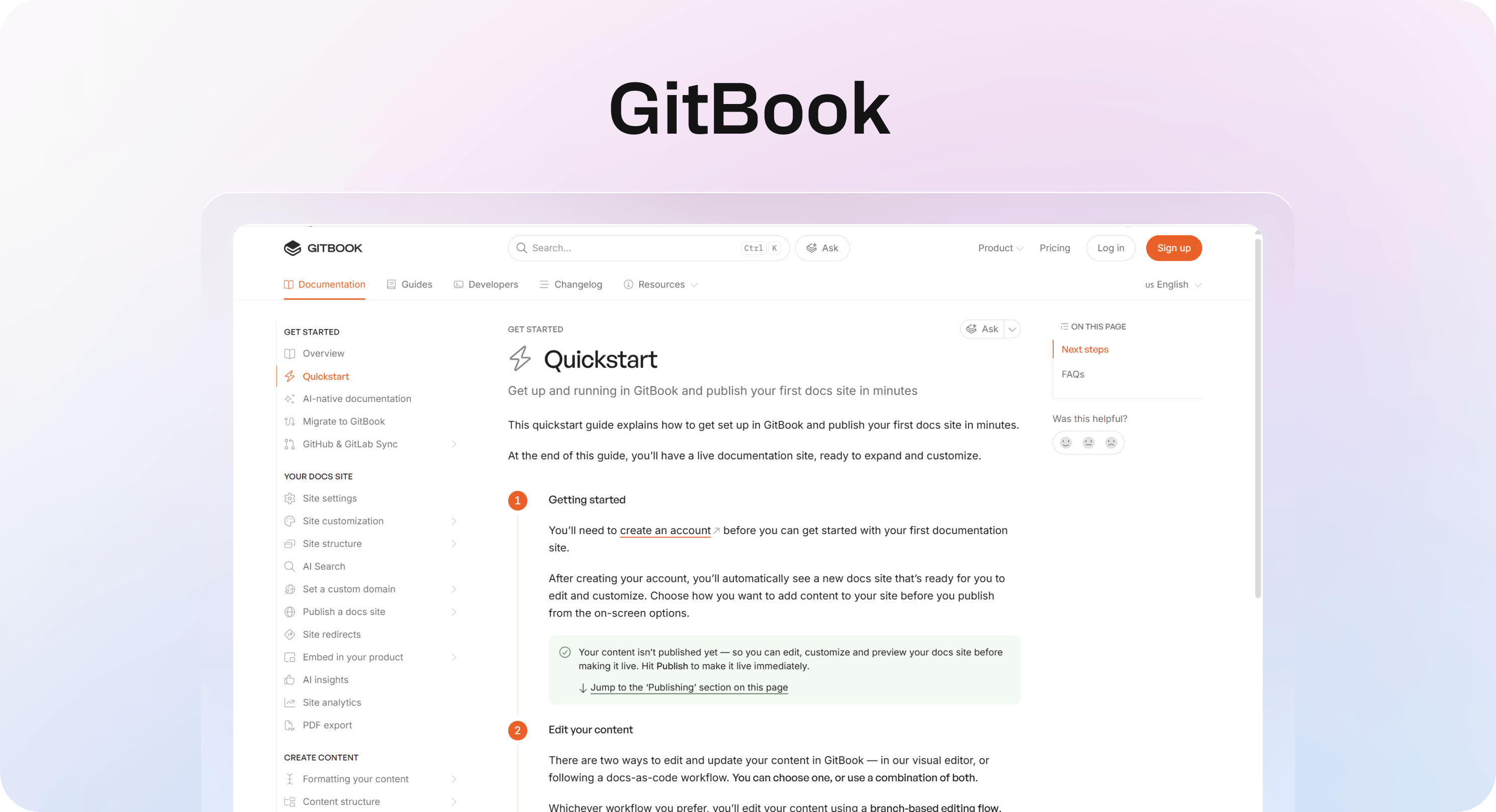 GitBook documentation interface showing a quickstart article, left sidebar navigation, search, and page feedback options.