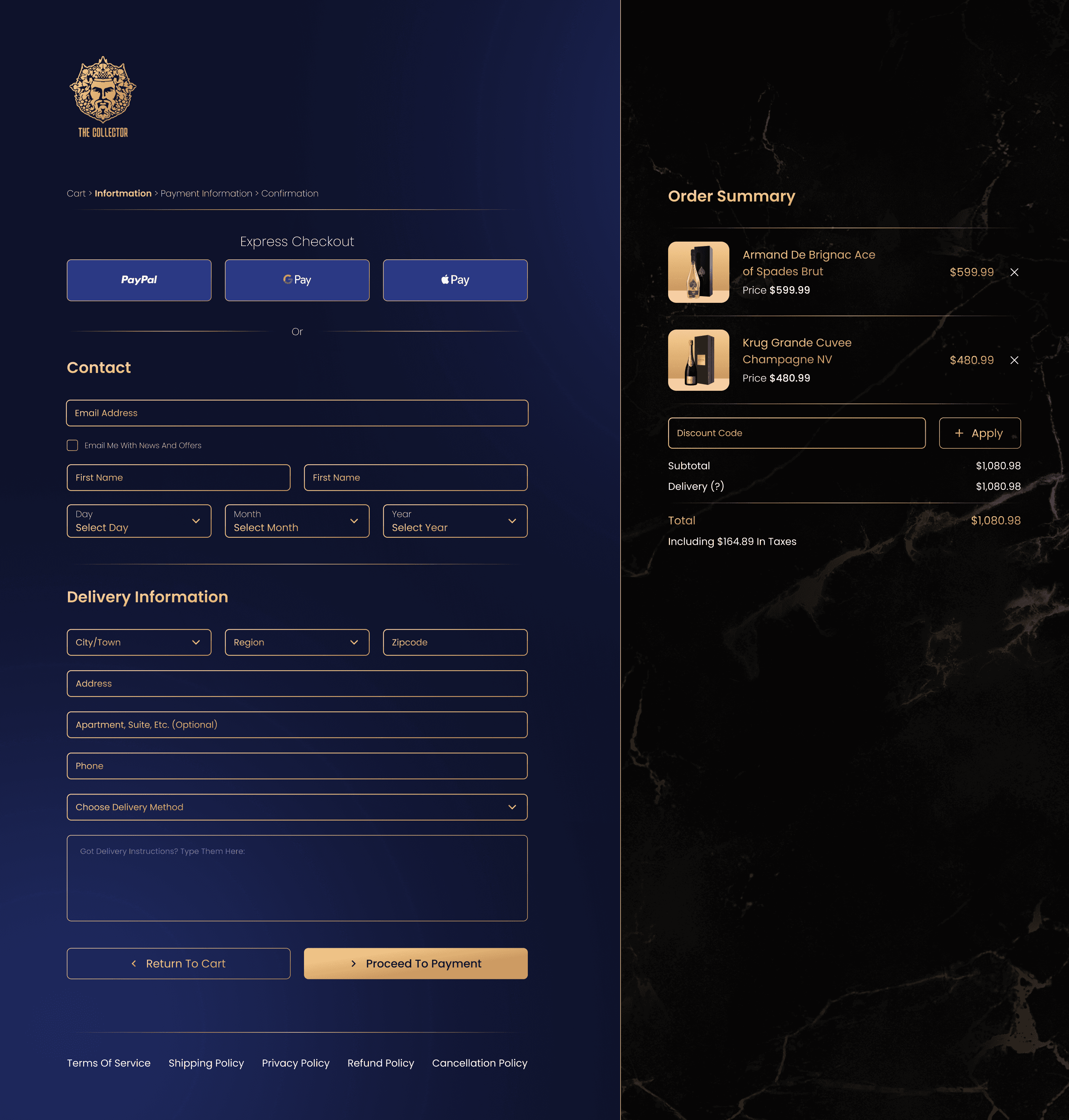 Luxury ecommerce checkout page featuring premium champagne order summary with elegant navy and gold payment interface.