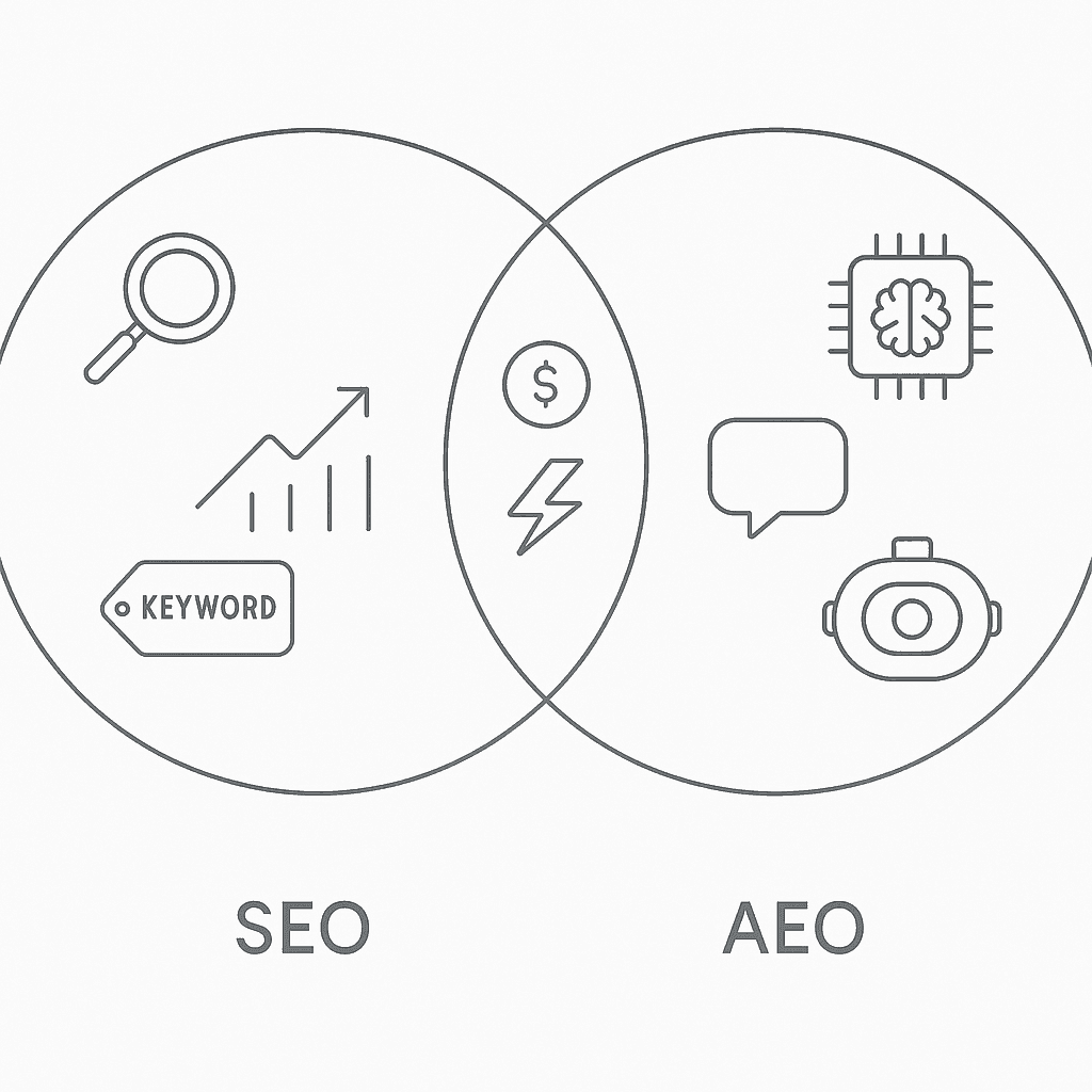 Overlapping circles with SEO icons, AI icons and shared affordability symbols