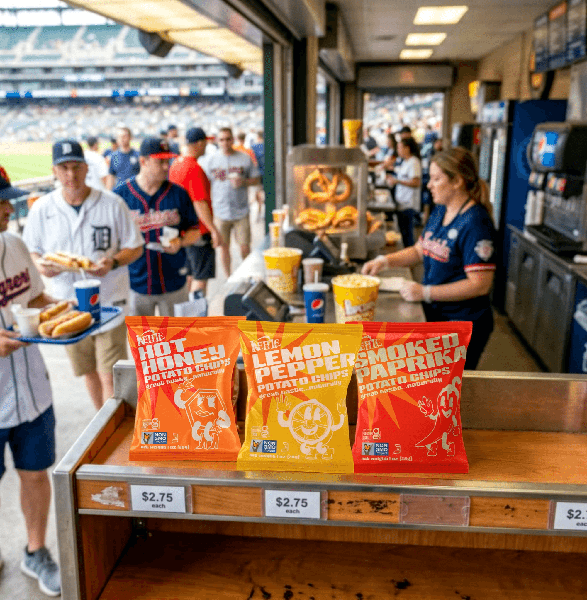 three chip bags being sold at a baseball game