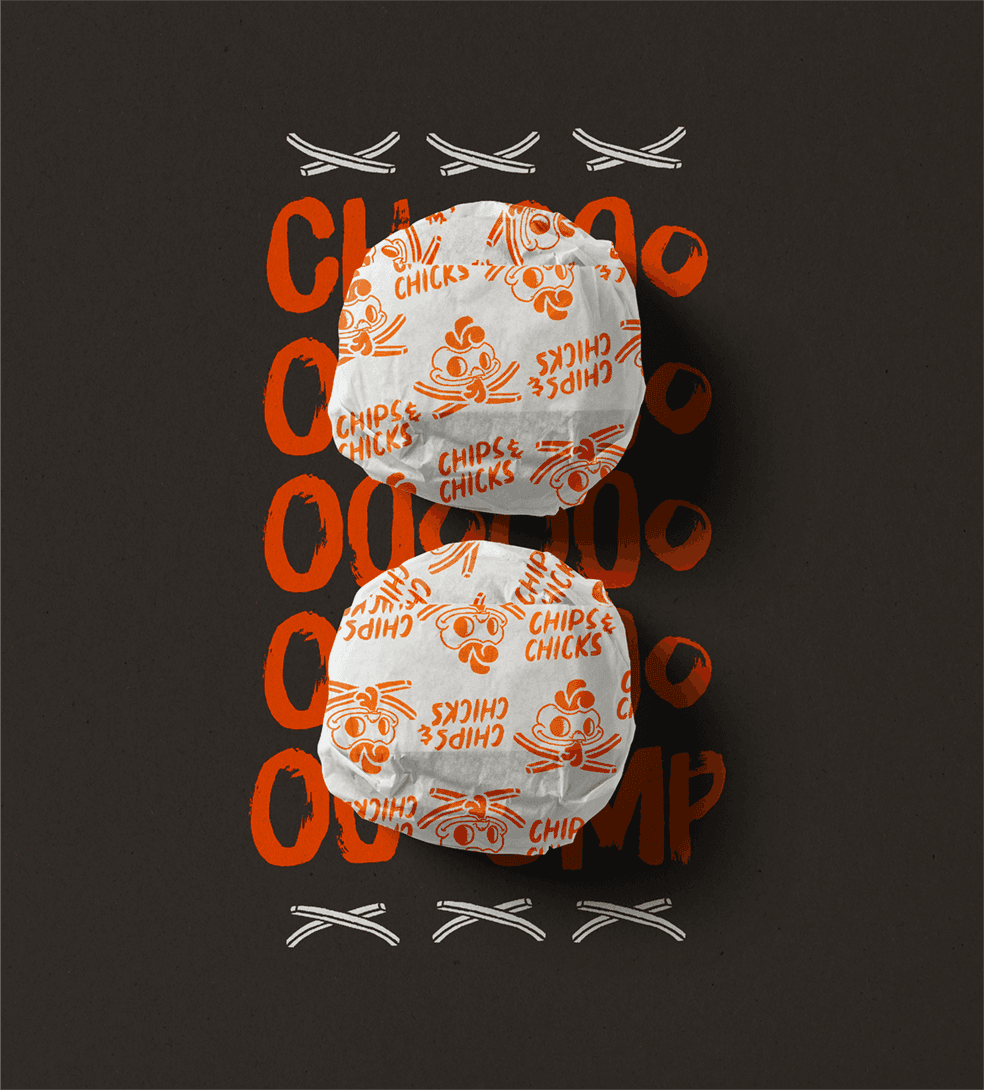 Chips & Chicks branded burger wrappers — two wrapped burgers with repeating mascot logo pattern on white paper over dark background with orange brush-stroke typography and crossed fries icons — F&B packaging design by Makers' Studio