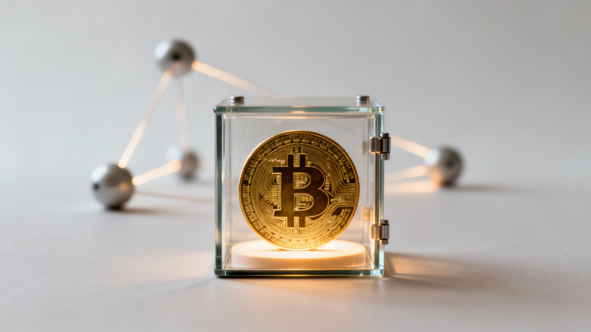 A golden Bitcoin coin is prominently displayed and secured inside a clear glass box with an illuminated base, against a blurred background depicting a network of glowing nodes.