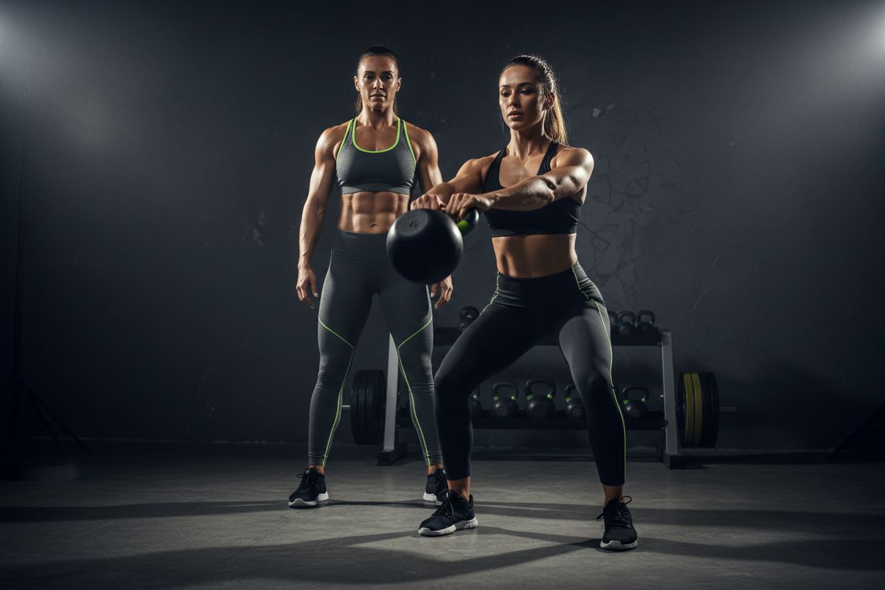 Trainer guiding kettlebell swing