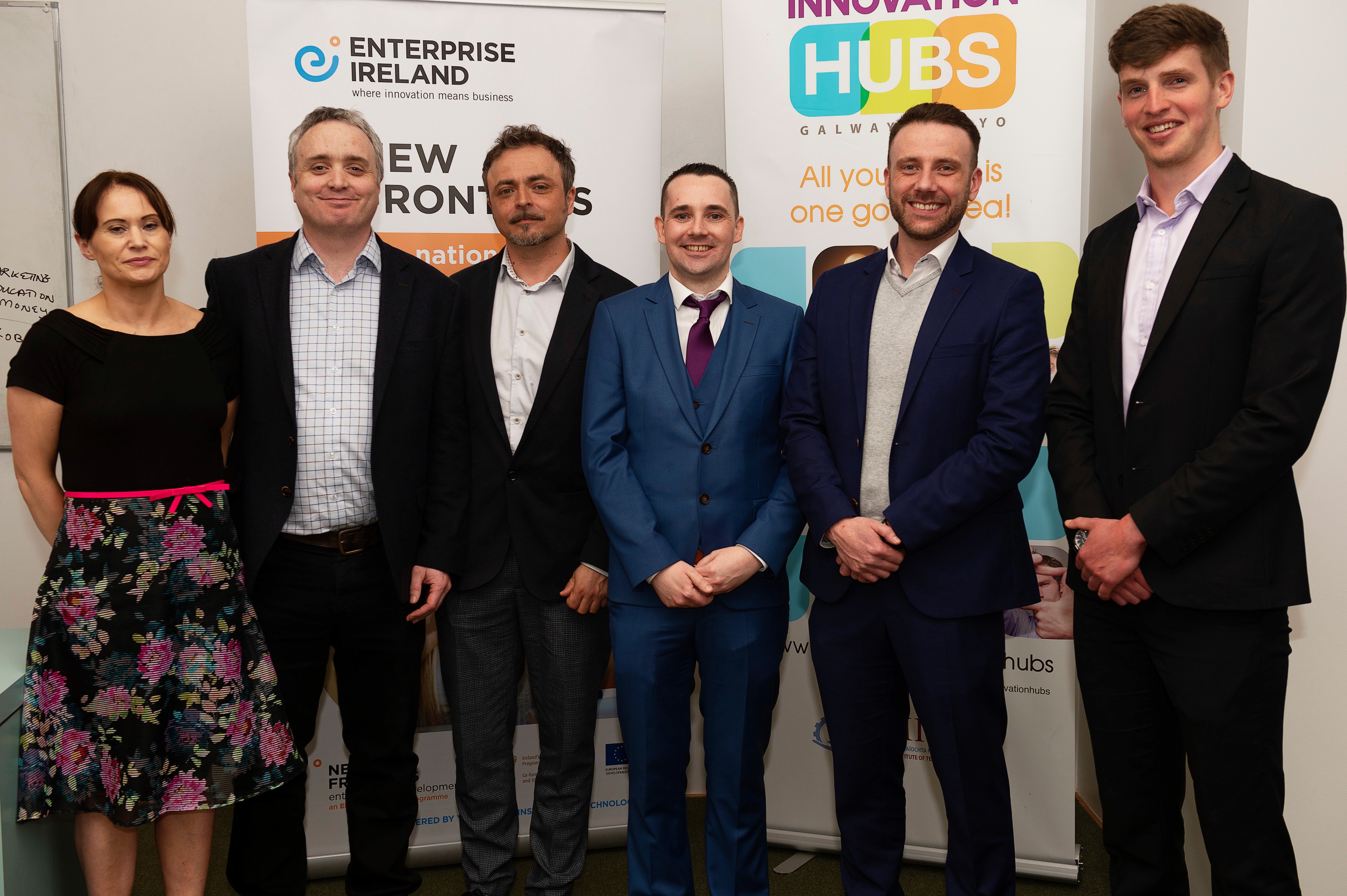 Ferdia Kenny with five other people at the Enterprise Ireland New Frontiers Phase 3 final startup pitch day.