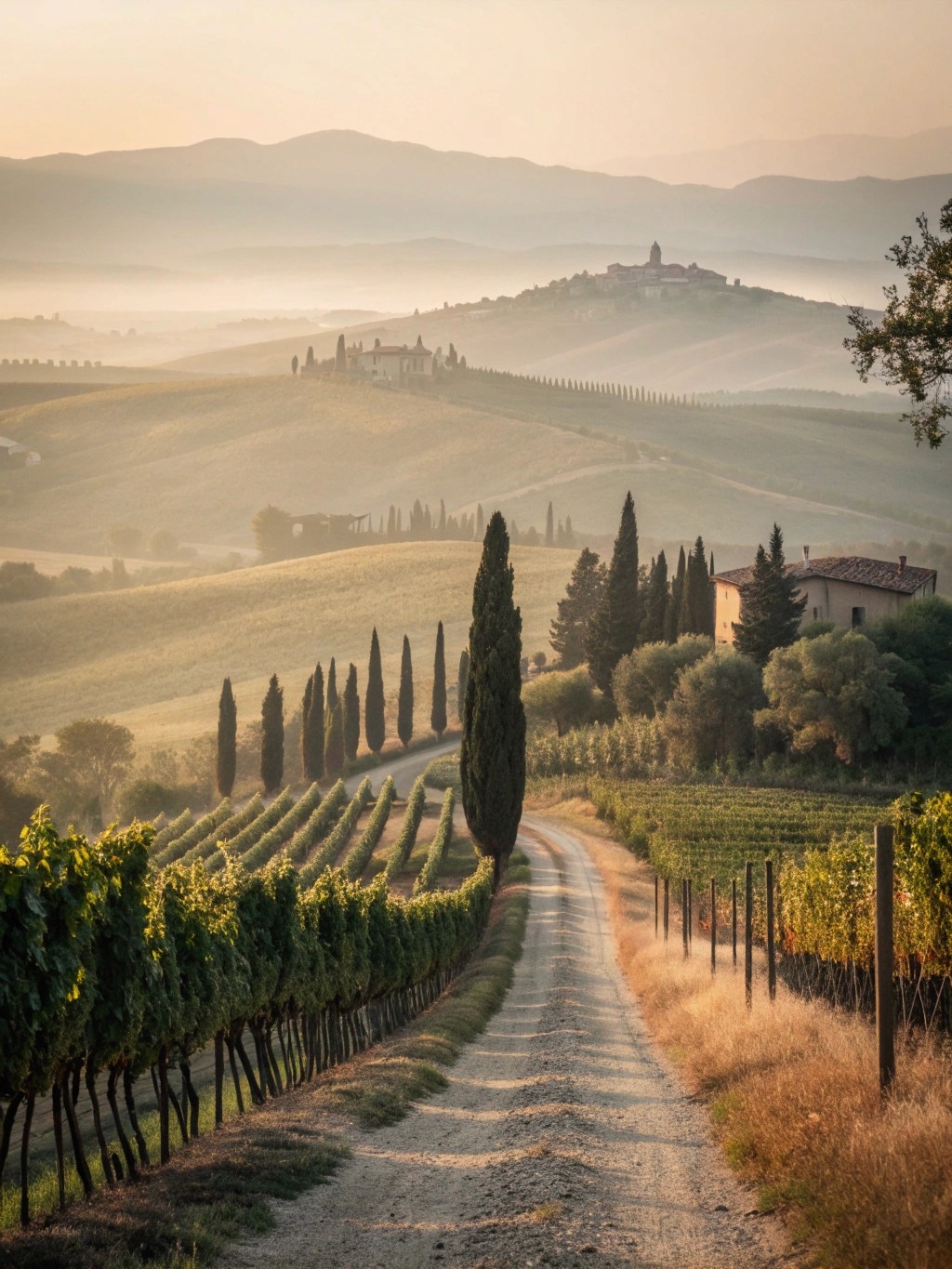 Dirt road flanked by vineyards and cypress trees, rolling hills, mist, and distant town in Tuscany.