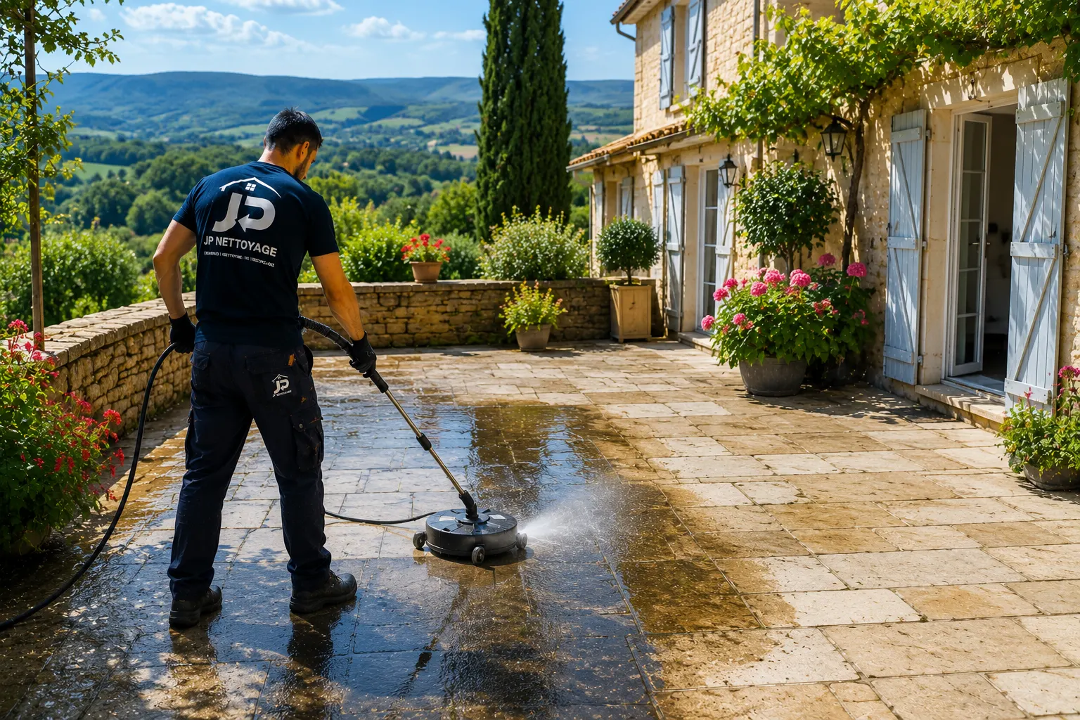 Nettoyage haute pression d'une terrasse réalisé par JP Nettoyage dans le Puy-de-Dôme.