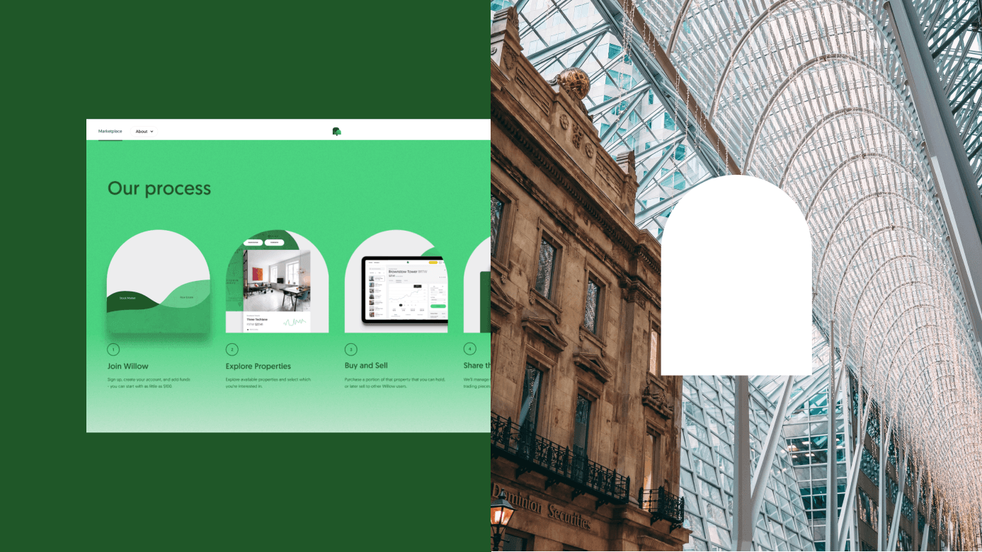 Split-image layout with two contrasting sections. On the left, a screen from Willow’s platform displays the process for users, featuring a green background with icons and descriptions for steps like ‘Join Willow,’ ‘Explore Properties,’ ‘Buy and Sell,’ and ‘Share the Benefits.’ On the right, a photograph of a historic building facade with ornate architecture juxtaposed against the modern glass-and-steel atrium of Brookfield Place, showcasing a harmonious blend of traditional and contemporary design. An arch-shaped cutout visually bridges the two sections, echoing Willow’s branding.
