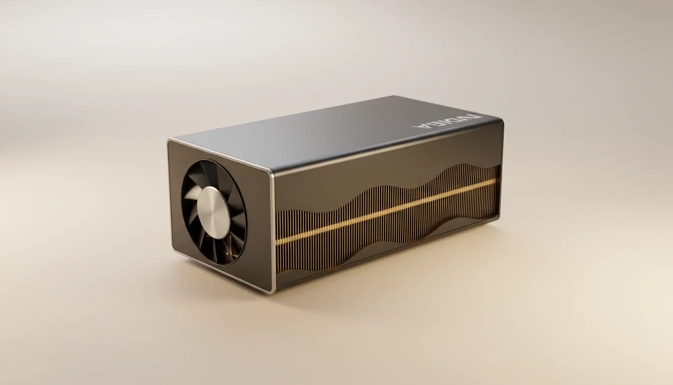 DSLR product photography of a professional NVIDIA GPU, minimalist studio shot. The graphics card has a sleek, rectangular chassis made of dark matte grey metal with sharp edges. A circular blower-style fan with a brushed metal hub is recessed into the casing. A distinctive wavy cutout on the side reveals a dense array of vertical golden heatsink fins. Captured at a three-quarters angle, the scene is illuminated by soft studio lighting that creates subtle highlights on the metallic textures. The card rests on a clean, light-colored surface against a warm off-white gradient background.