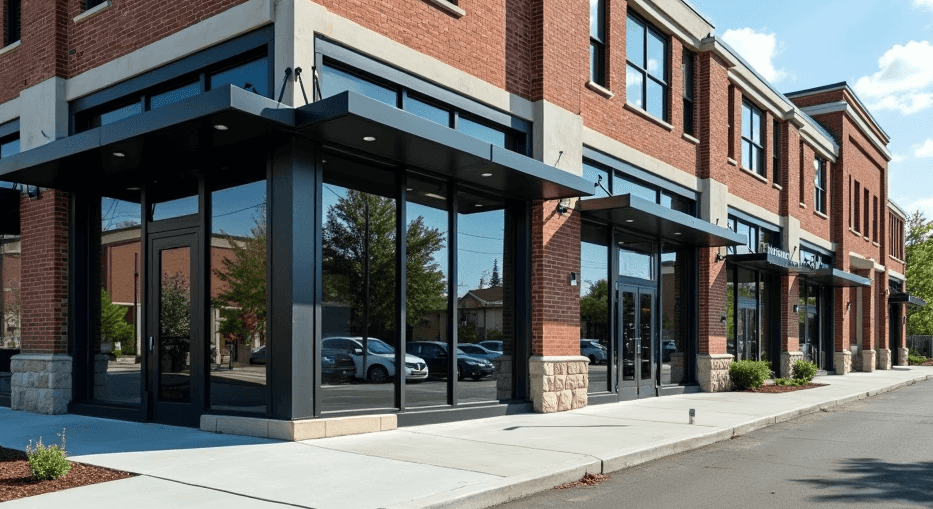 A modern two-story commercial building with a red brick exterior and large black-framed glass windows is shown on a clear, sunny day.