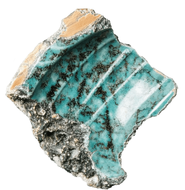Fragment of ancient pottery with teal and black stripes, beige and white edges.