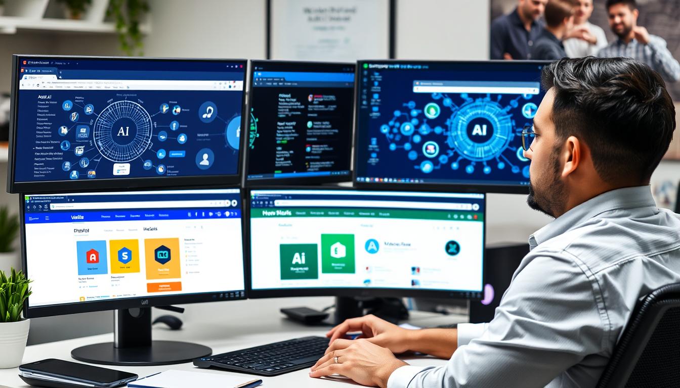 Small business owner comparing AI tools on computer