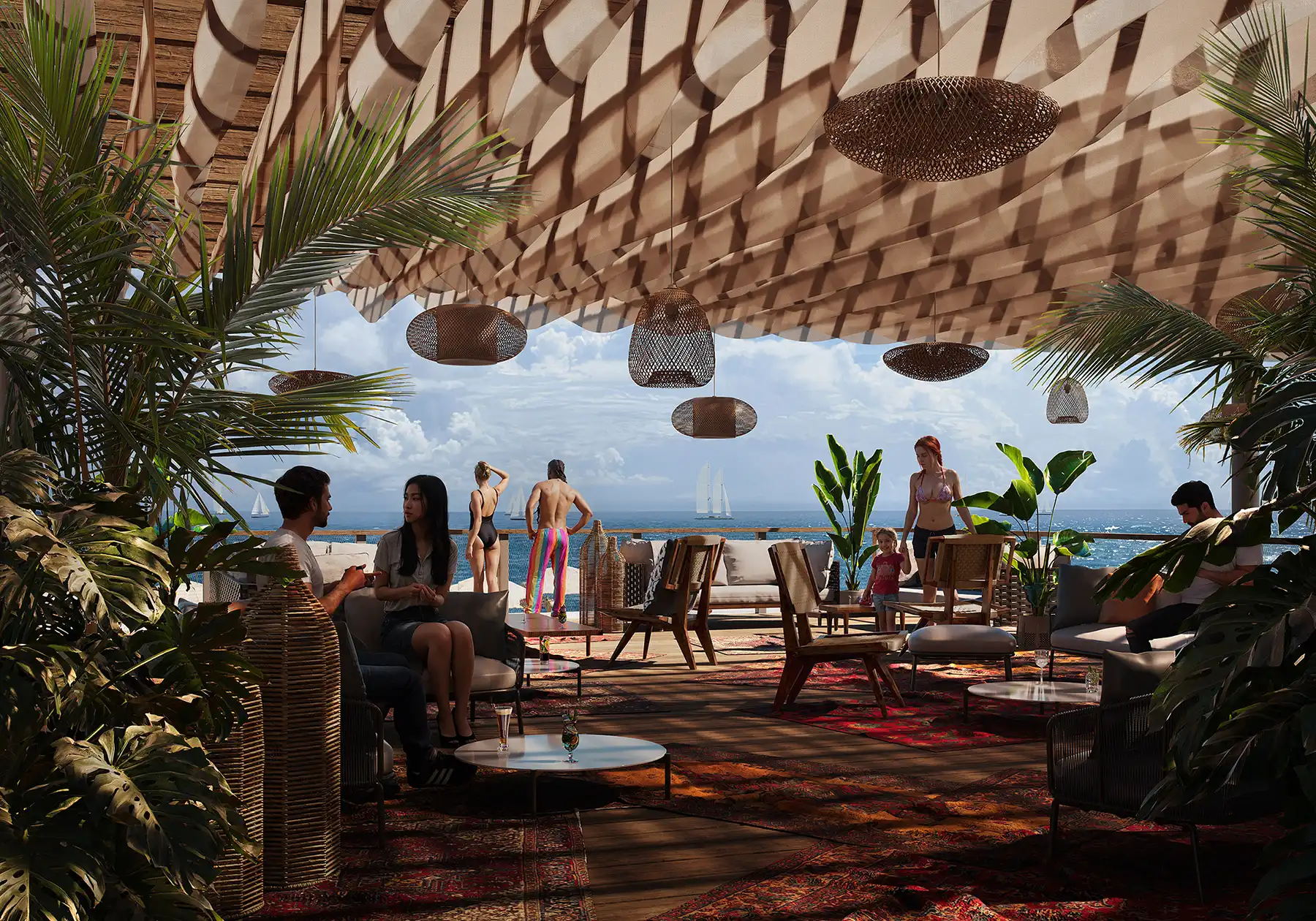 Luxury tropical oceanfront lounge with elegant sofas, colorful patterned rugs, and lush tropical plants under a modern undulating canopy. 3D rendering for high-end beach resort and beach club.