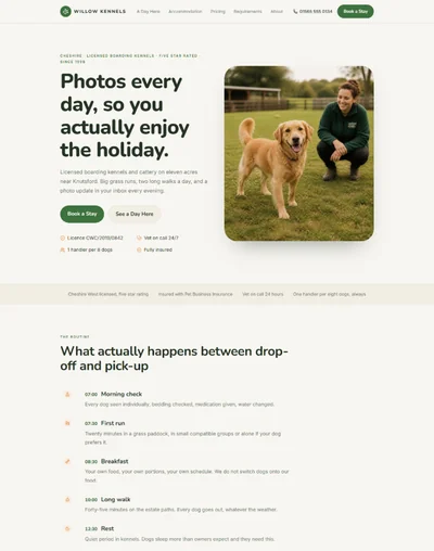 Boarding kennels website template preview with daily routine timeline