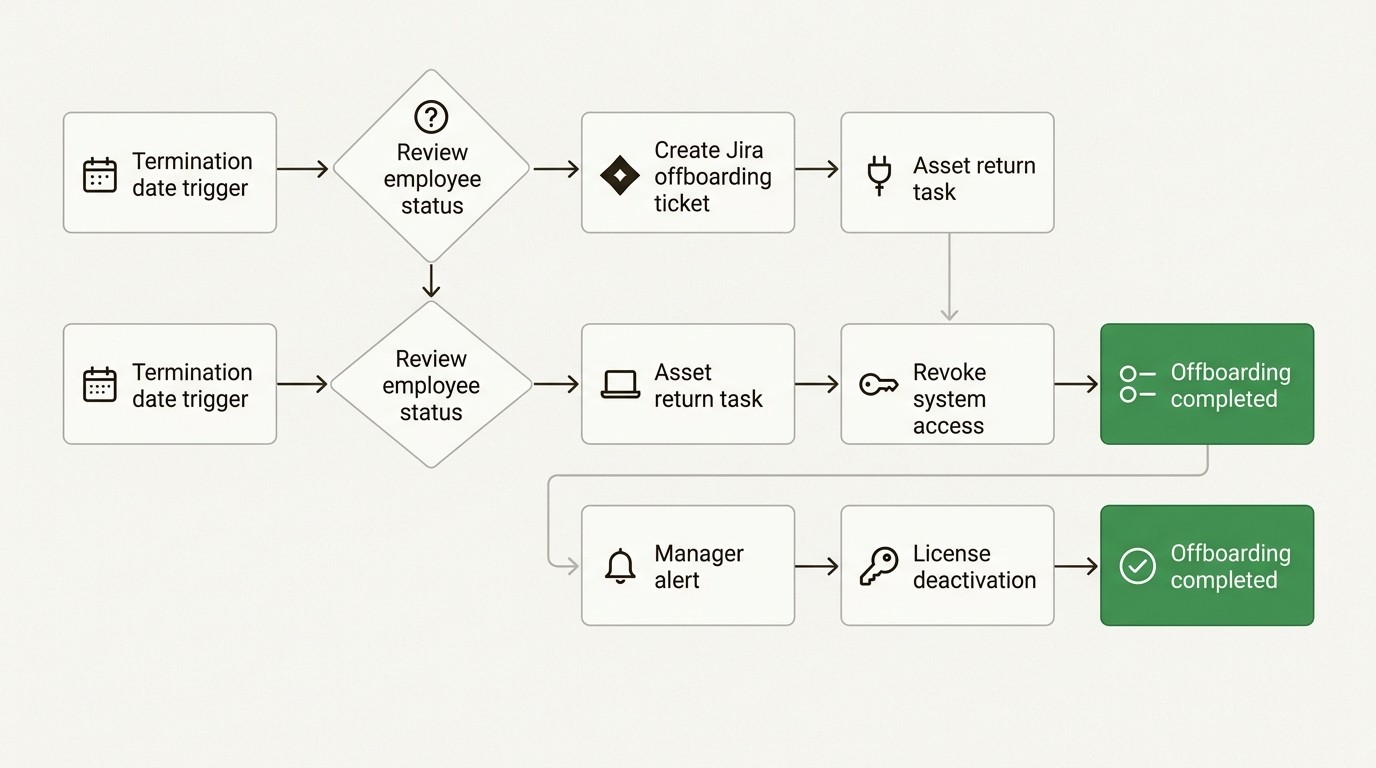 A structured offboarding workflow ensure that no software licenses or hardware assets are left with departing employees.