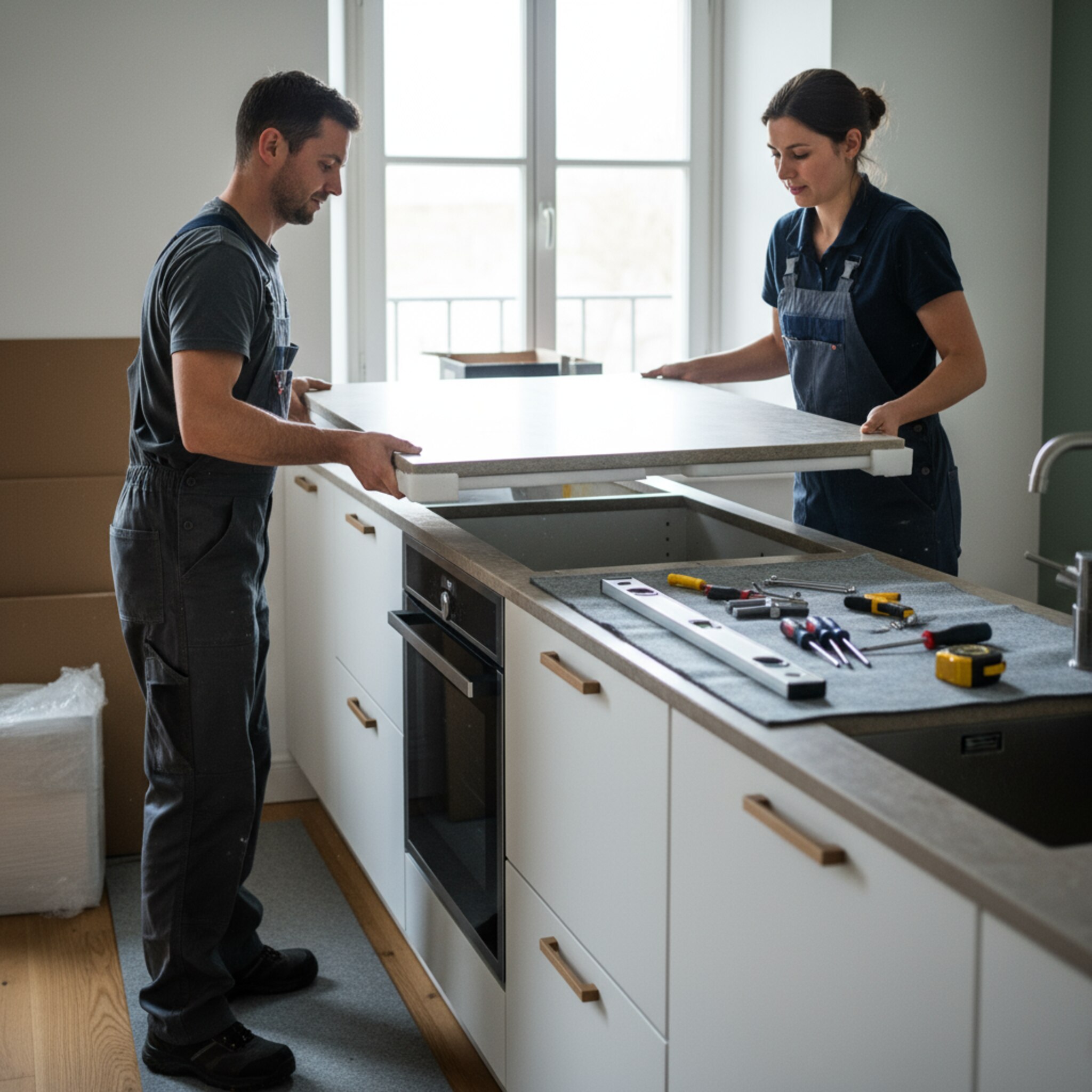 Zwei Monteure heben eine schwere Arbeitsplatte vorsichtig über Schränke. Schutzkanten sind sauber angebracht, Verpackungsmaterial liegt ordentlich beiseite. Werkzeuge sind griffbereit sortiert. Durch das Fenster fällt kühles Tageslicht, das die saubere, fast fertige Küche betont.