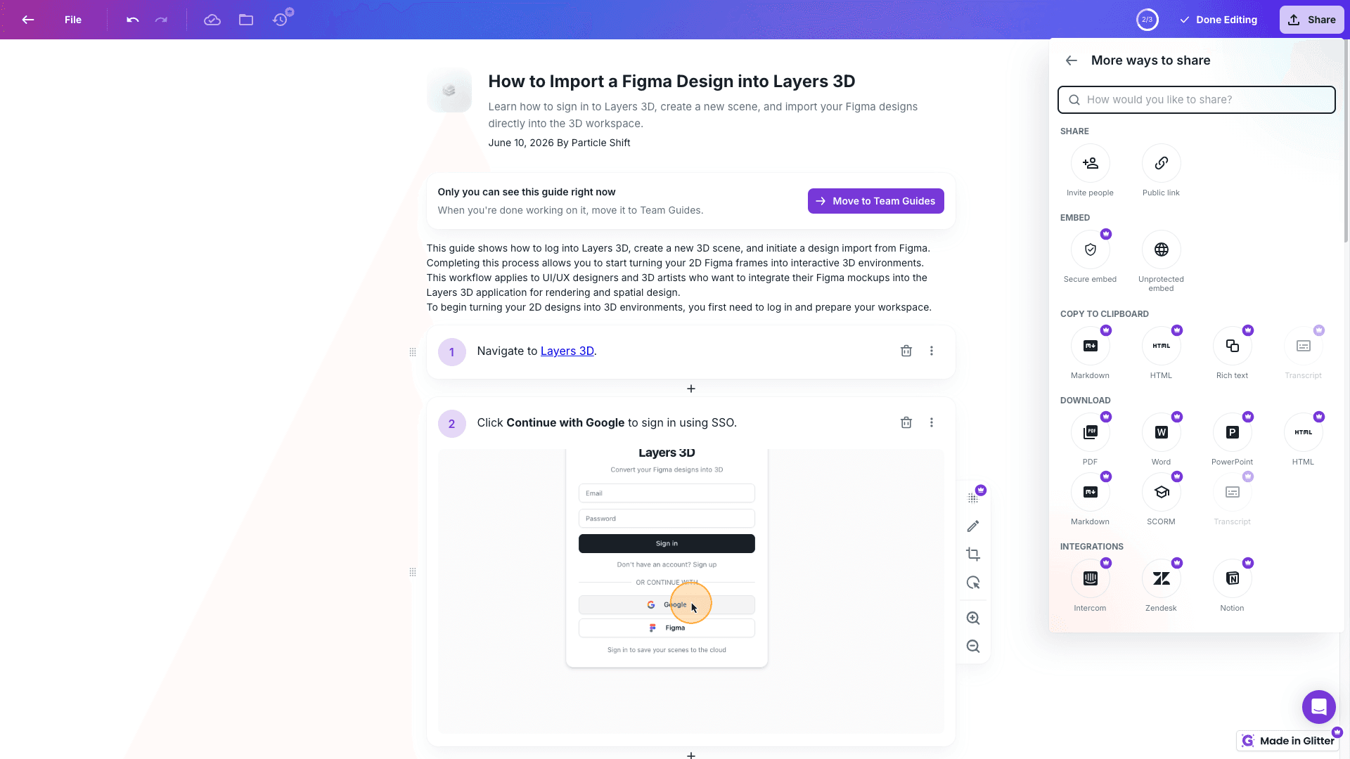 Glitter AI sharing panel showing embed, copy, download, and integration options