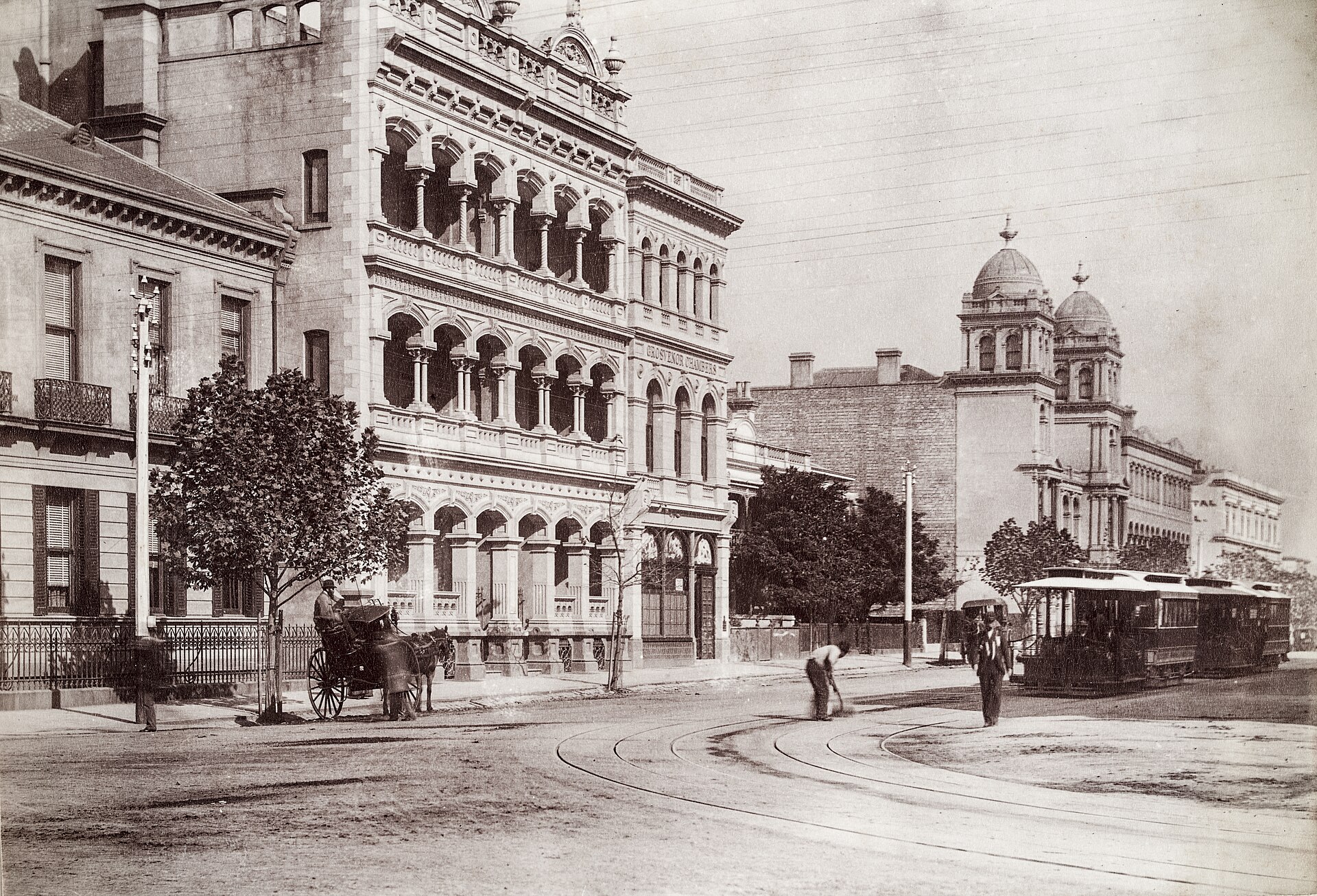 Collins Street near Spring Street in the 1890s, with a cable tram