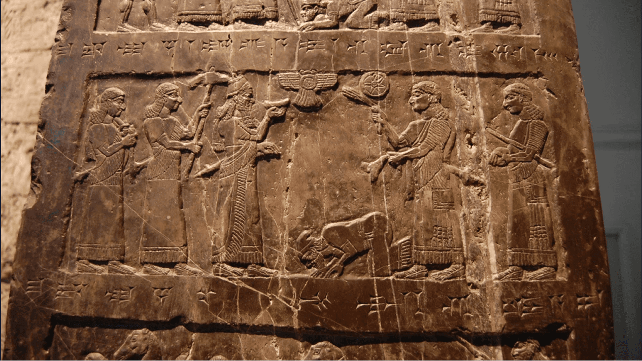 Depiction of Jehu King of Israel giving tribute to King Shalmaneser III of Assyria, on the Black Obelisk of Shalmaneser III from Nimrud, circa 827 BC, in the British Museum, London. Photo courtesy of Steven G. Johnson via Wikemedia Commons