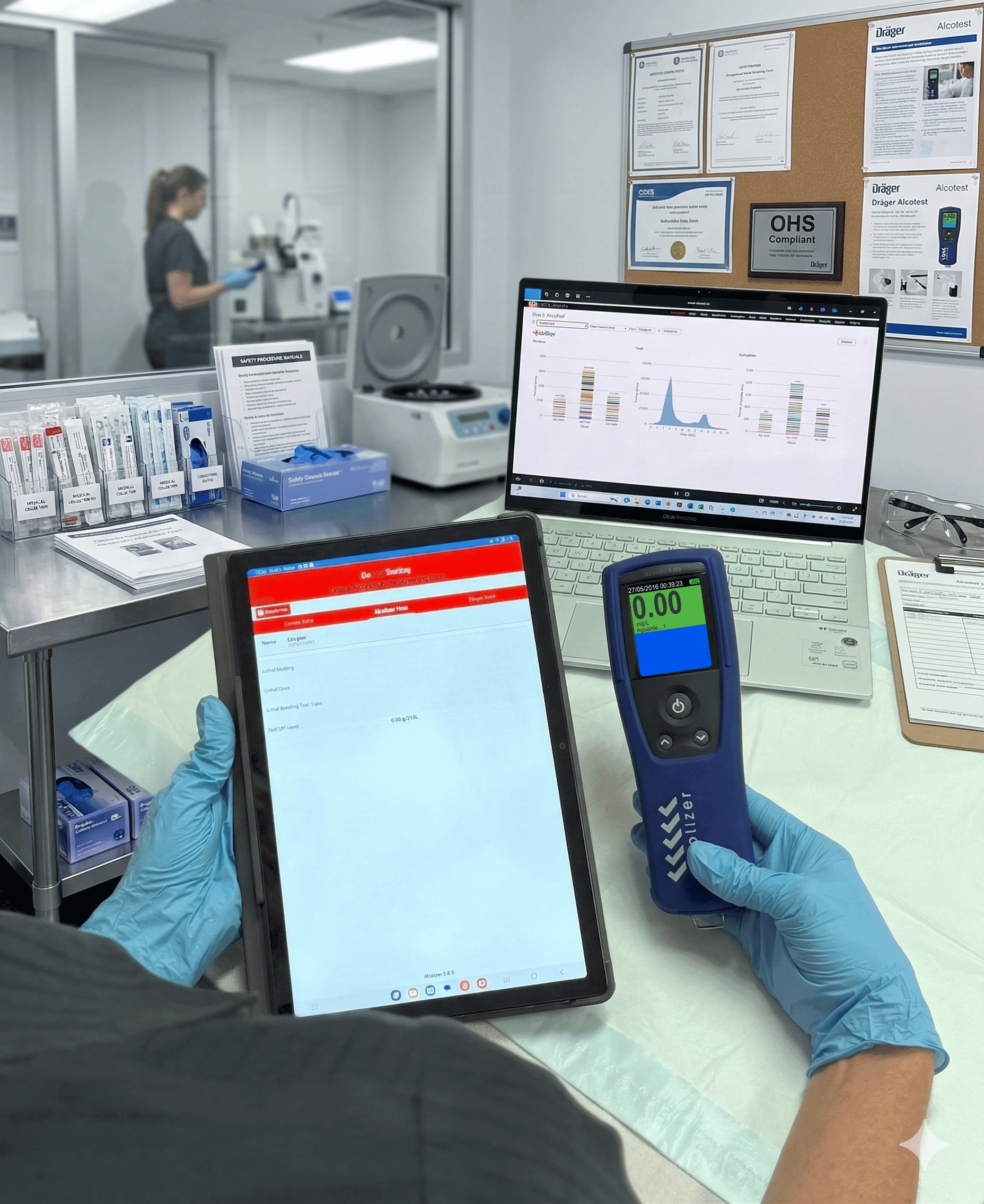 Etilômetro profissional Alcolizer LE5 conectado a sistema de gestão para registro digital de testes de alcoolemia