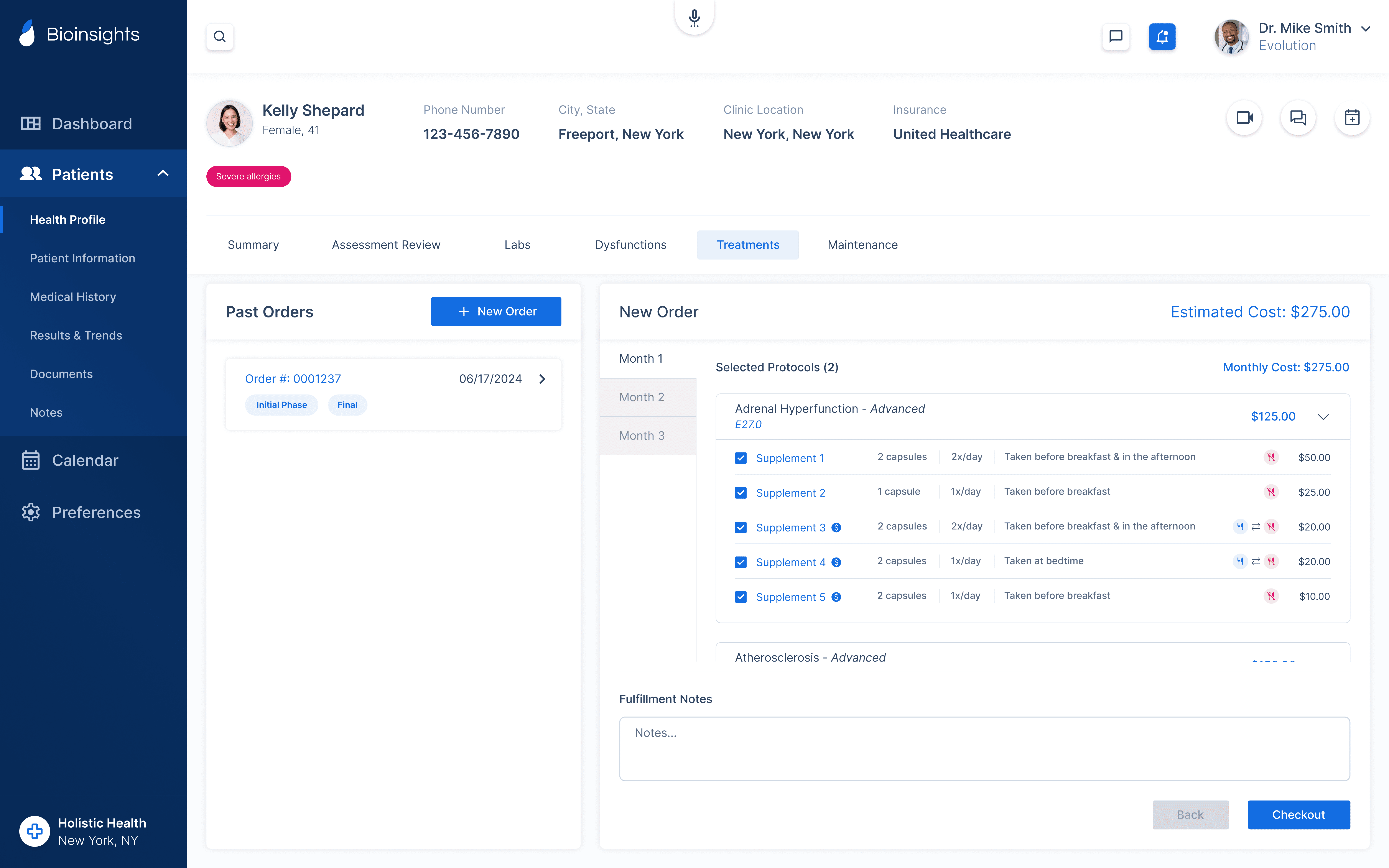 A supplement ordering screen in a medical web platform