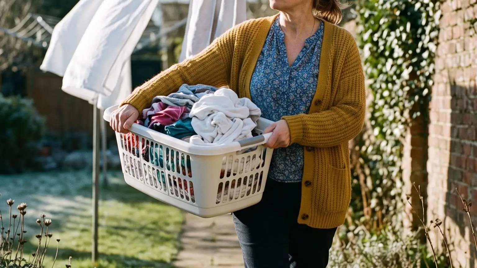 A woman carrying a laundry basket along a garden path toward a washing line in low winter sun
