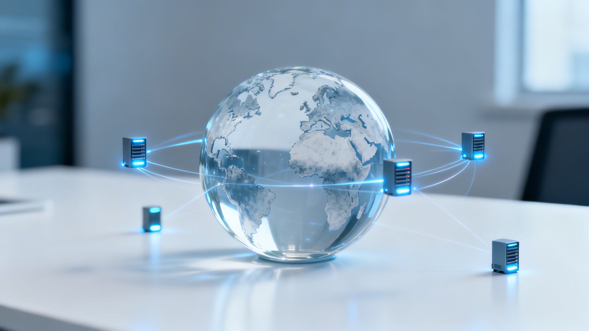 Glass globe Earth with connected glowing server racks on a white table, symbolizing global network.