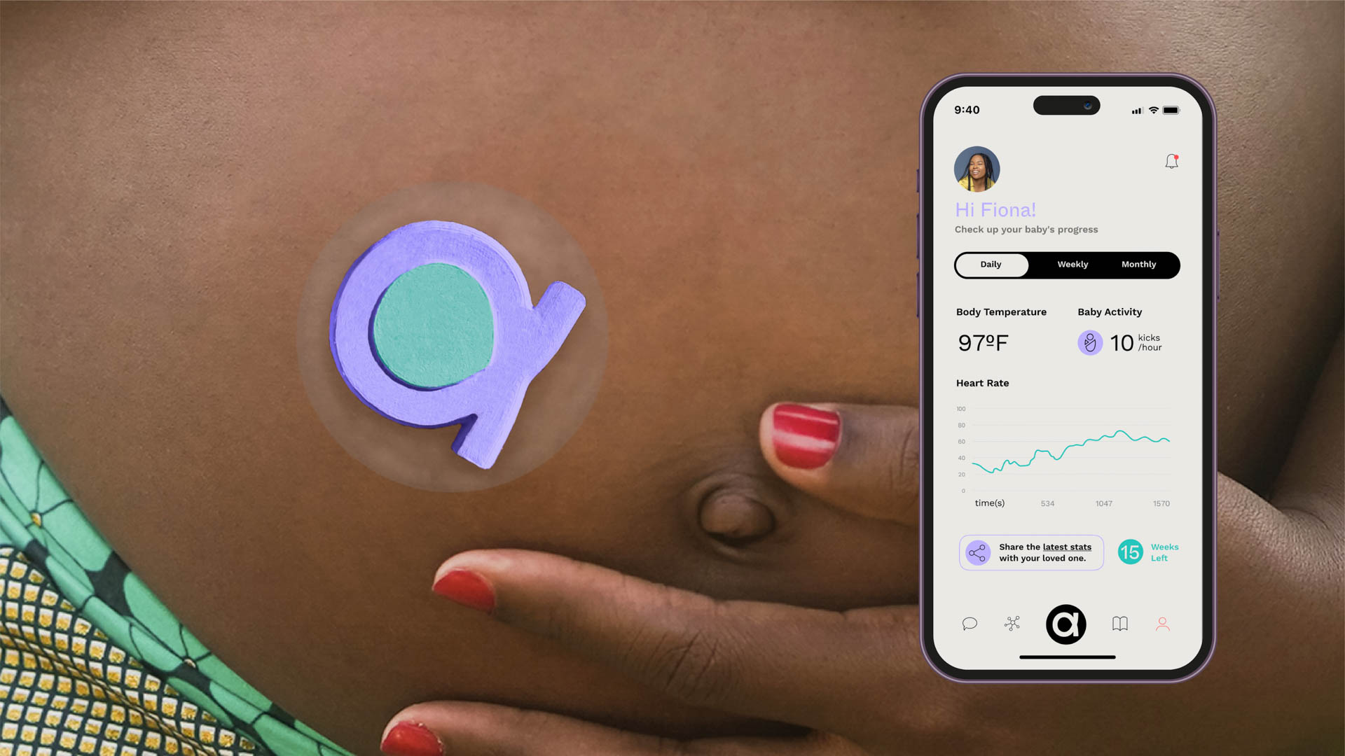 A person's face is partially obscured by a large, light purple letter “q” displayed on their cheek. A smartphone screen shows data including body temperature (97°F), baby activity (10 kicks/hour), and heart rate (140 bpm), along with a graph of heart rate over time. The screen also displays a profile picture, “Hi Fiona,” and options for “Daily,” “Weekly,” and “Monthly.” A hand with red nail polish is partially visible in the foreground.