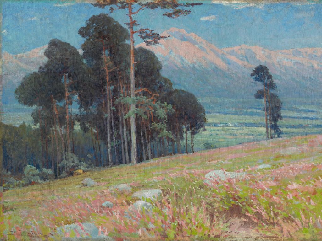 oil painting with blue skies, mountains and trees in the background with lush green grass in the foreground with sheep