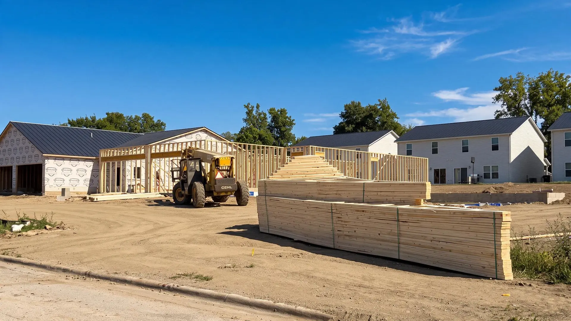 A home under construction beside stacks of lumber and a wheel loader, with finished houses on the next lots