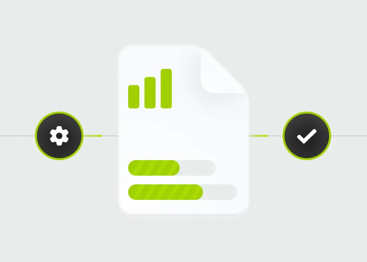 Document icon with charts, progress bars, and automation symbols, representing OneAvant’s ability to convert complex data into clear, automated visual reports.