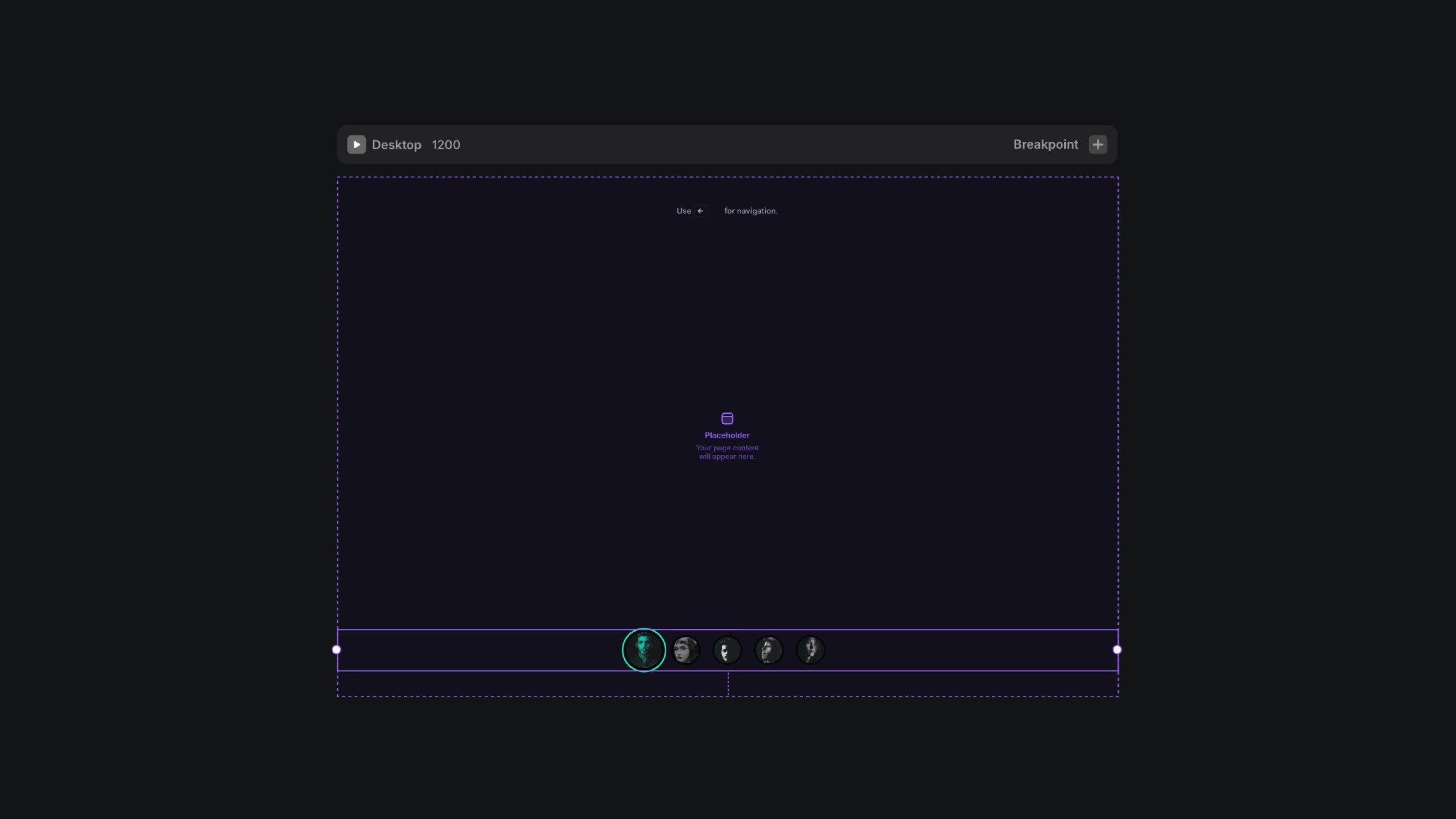 Framer desktop canvas with placeholder and profile navigation