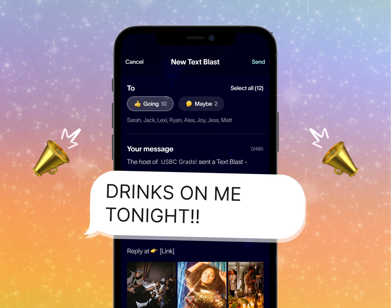 Party planning app feature showing a whimsical dove delivering an RSVP invitation link to simplify guest coordination.