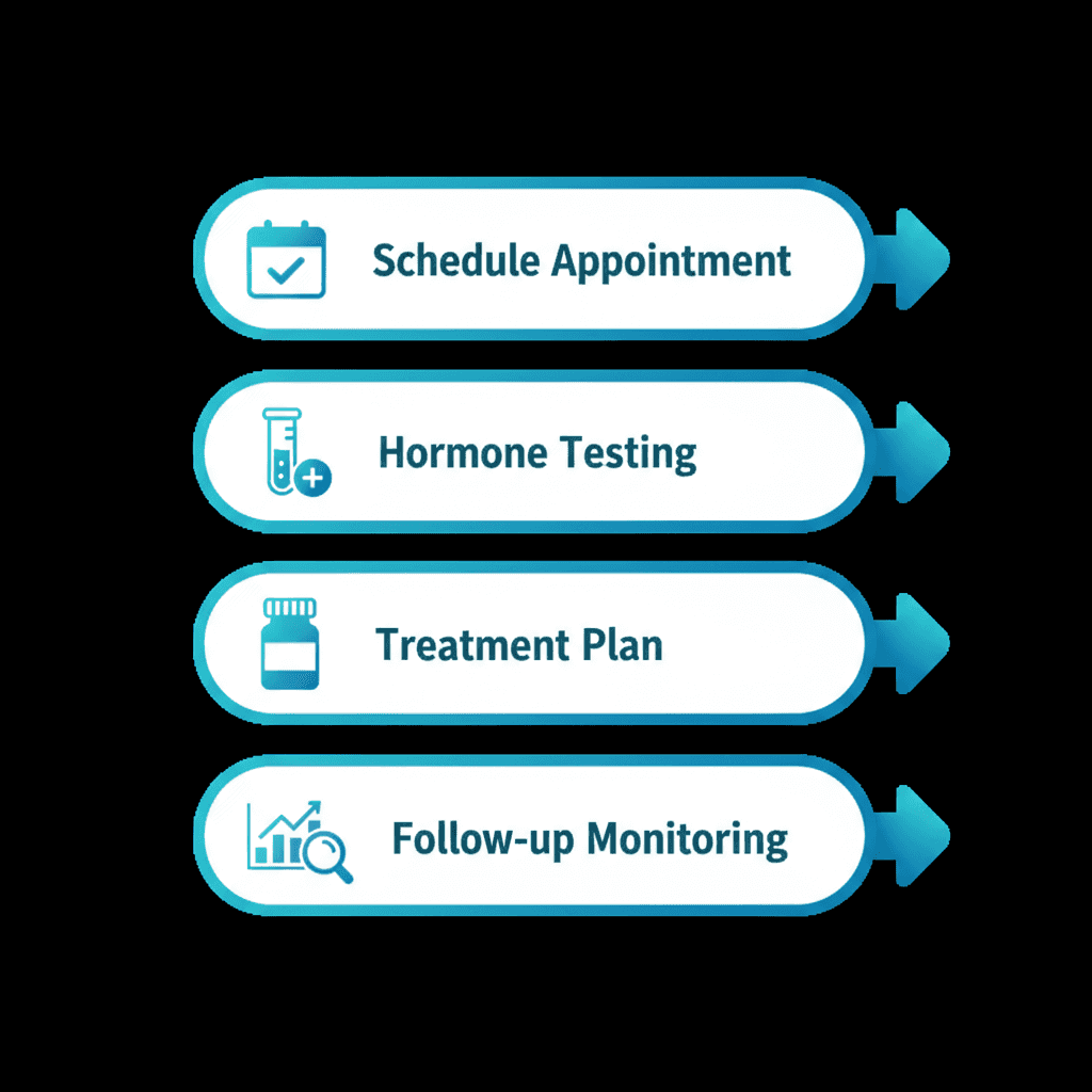 Process flow diagram illustrating four key steps for menopause treatment: scheduling appointment, hormone testing, treatment plan, and follow-up monitoring with icons and teal accents.