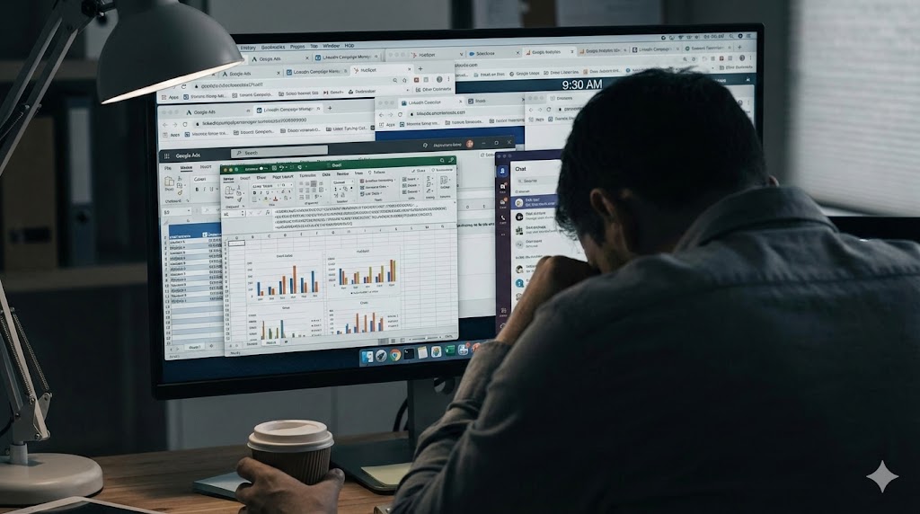 Marketing attribution technology stack showing 10+ disconnected systems including CRM, marketing automation, analytics, and ad platforms