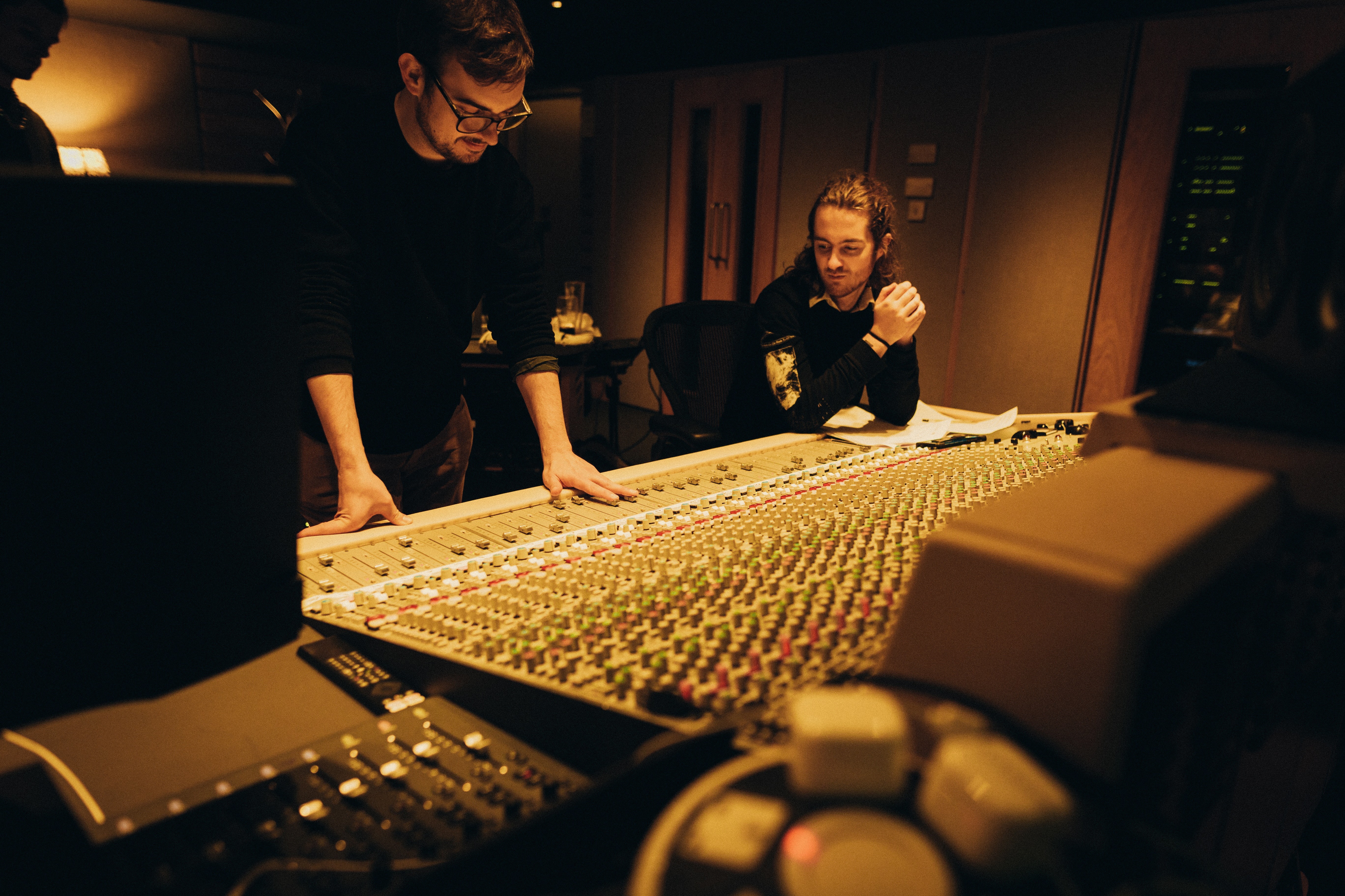 Ollie Robinson and an engineer at the mixing desk during the Abbey Road Takeover Sessions