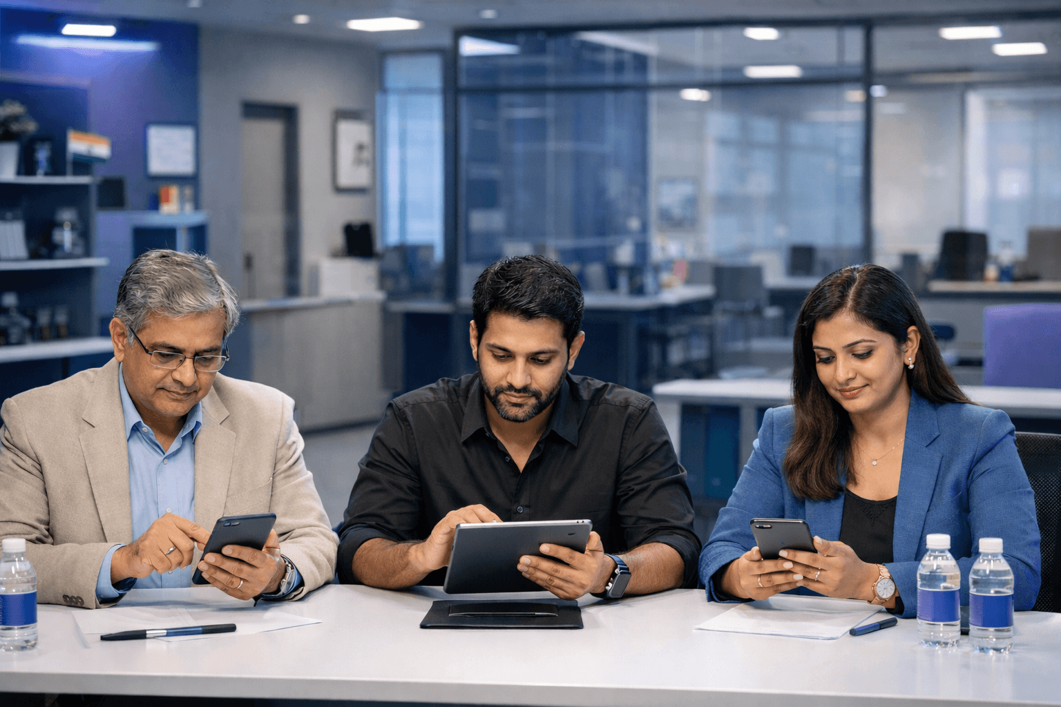 Three Indian judges a senior professor, a startup founder, and a tech industry expert—sit at a clean table in a modern university innovation lab, reviewing hackathon projects on their smartphones and tablet. The space is well-lit with a blue-toned, professional atmosphere, glass-walled rooms in the background, and minimal clutter, conveying an organized and credible judging environment.