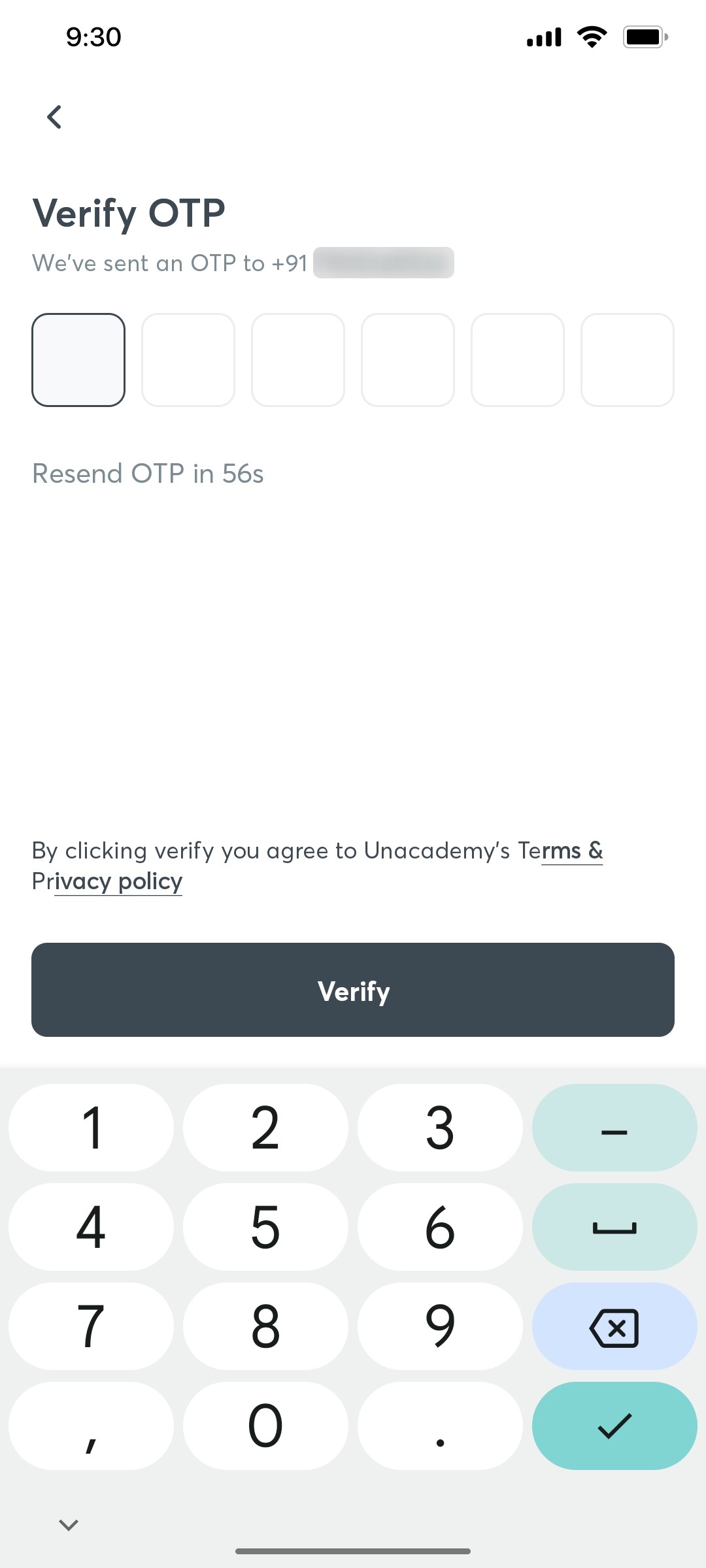 Unacademy Verify OTP Screen