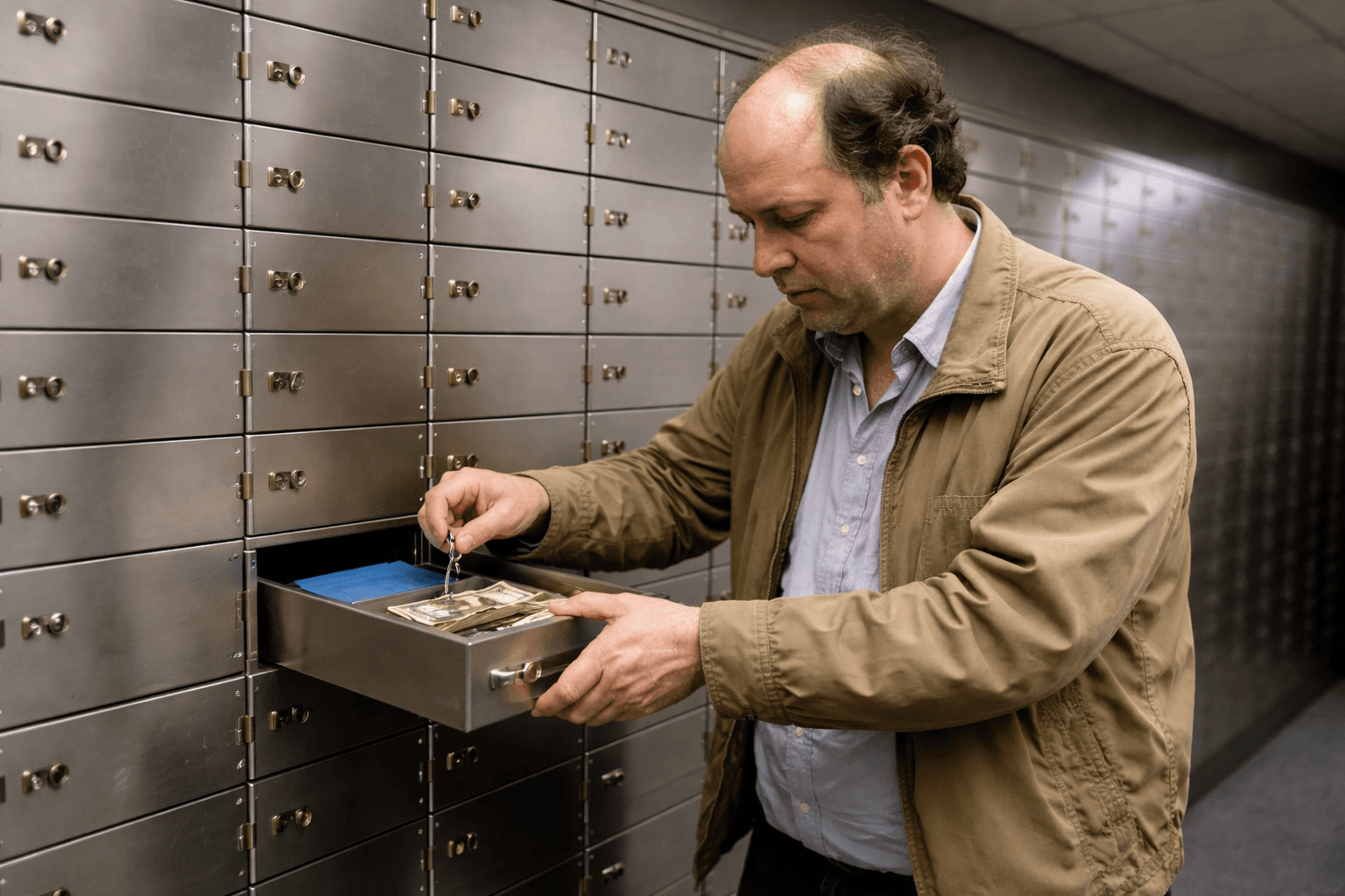 man accessing safety deposit box at a bank