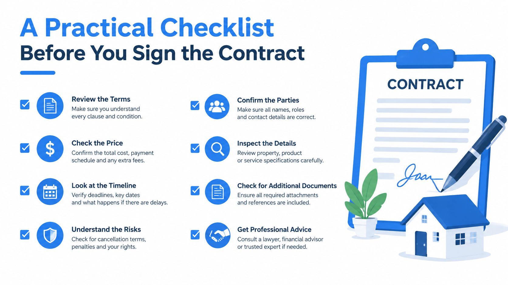 An infographic checklist for reviewing contracts before signing, highlighting essential steps like checking terms, prices, and risks.