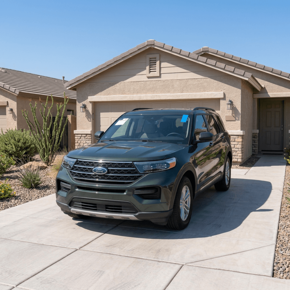 New windshield installed on a green Kia Telluride at a residence in Tempe, Arizona