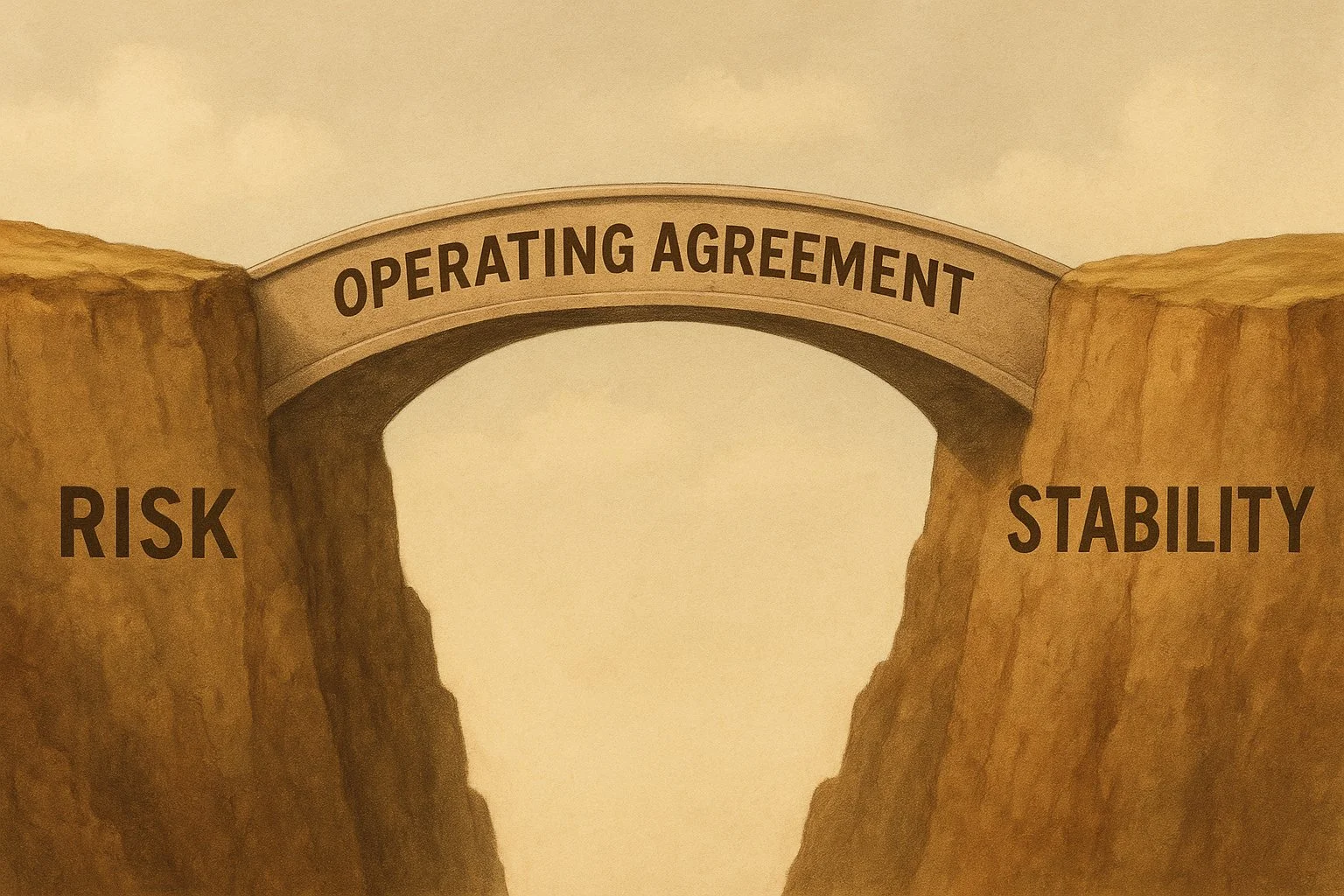 Illustrated bridge labeled “Operating Agreement” connecting two cliffs marked “Risk” and “Stability,” symbolizing business security and protection.