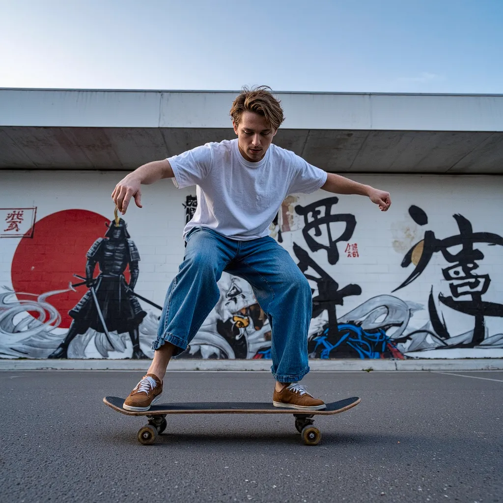 Skateboarder in white tee and blue jeans balanced on board against wall featuring Japanese-inspired samurai mural with red circle