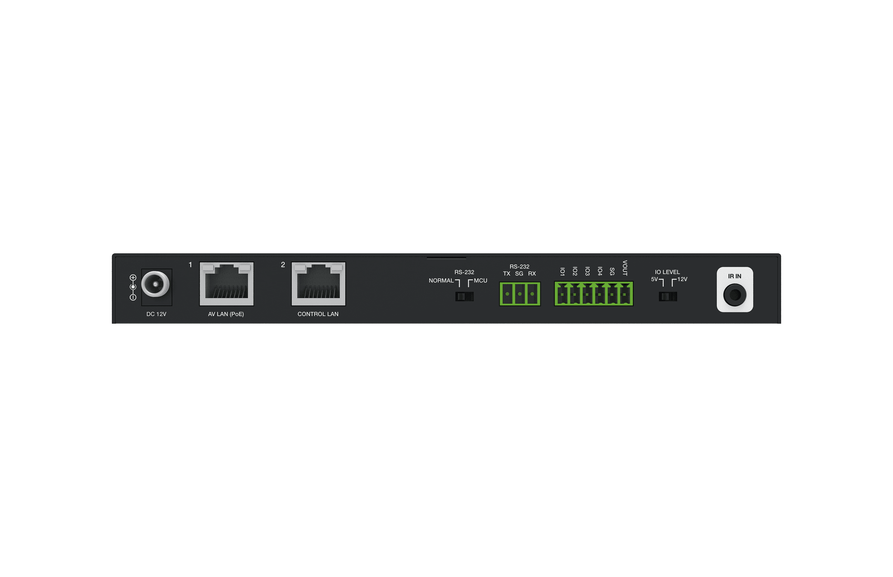 Back panel with ports: DC 12V, AV LAN (PoE), CONTROL LAN, RS-232, IO ports, VOUT, IO LEVEL, IR IN.