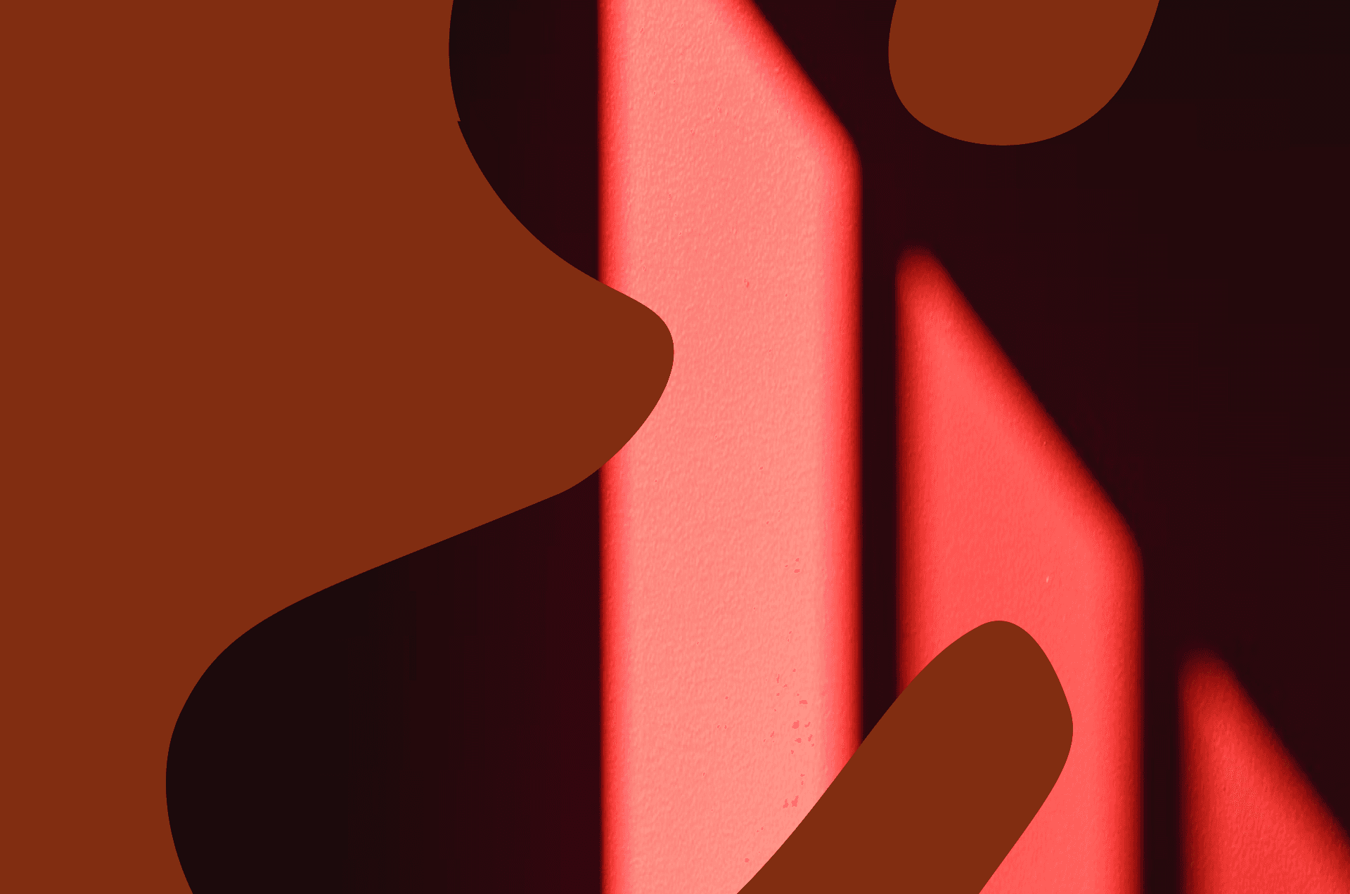 Abstract background with bold red and dark shadows, featuring soft organic brown shapes and diagonal light streaks—modern minimalist design ideal for creative branding, web design, or artistic visuals.