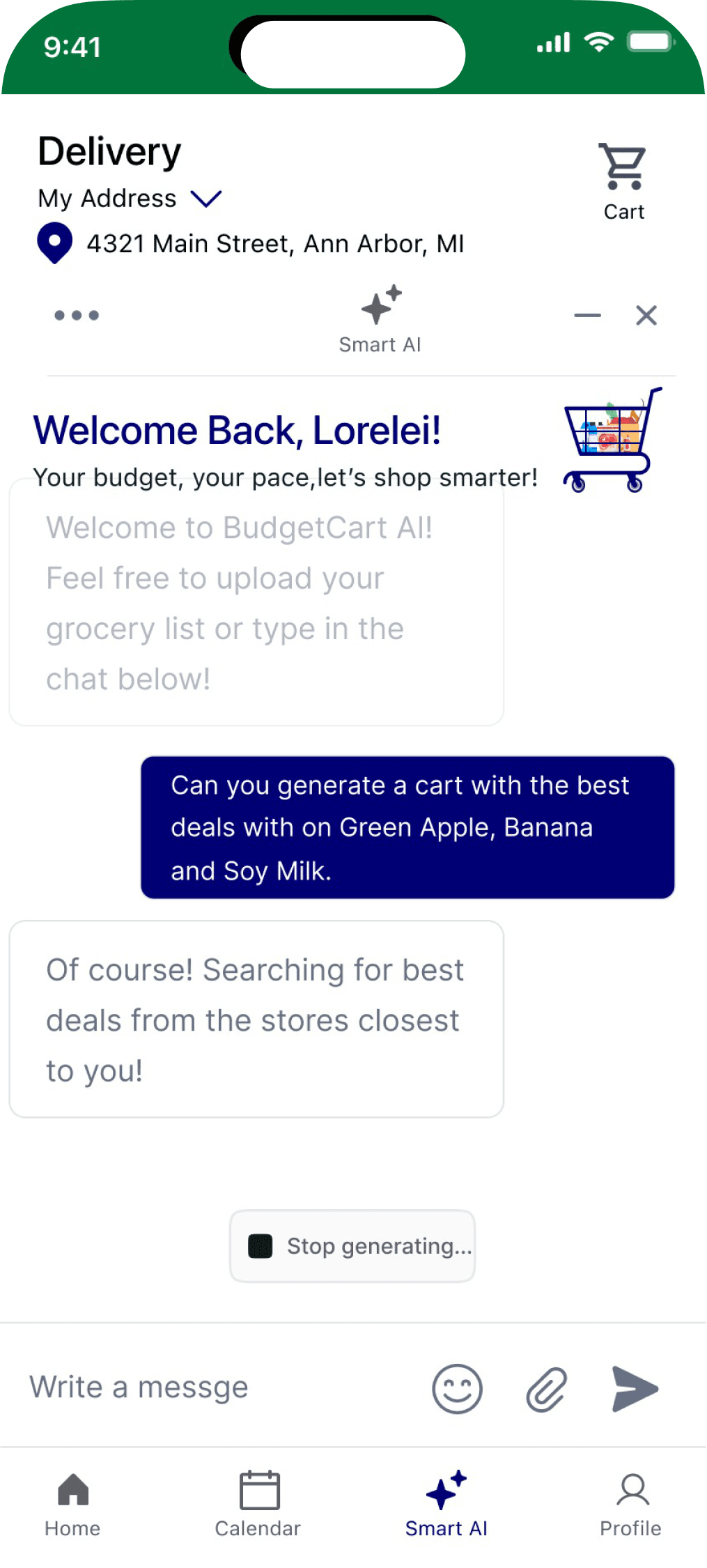 BudgetCart prototype Smart AI chat: a welcome message inviting the shopper to upload a grocery list or type it, a request for a cart with the best deals on green apple, banana and soy milk, a searching reply, a Stop generating button, and a message bar with a paperclip.