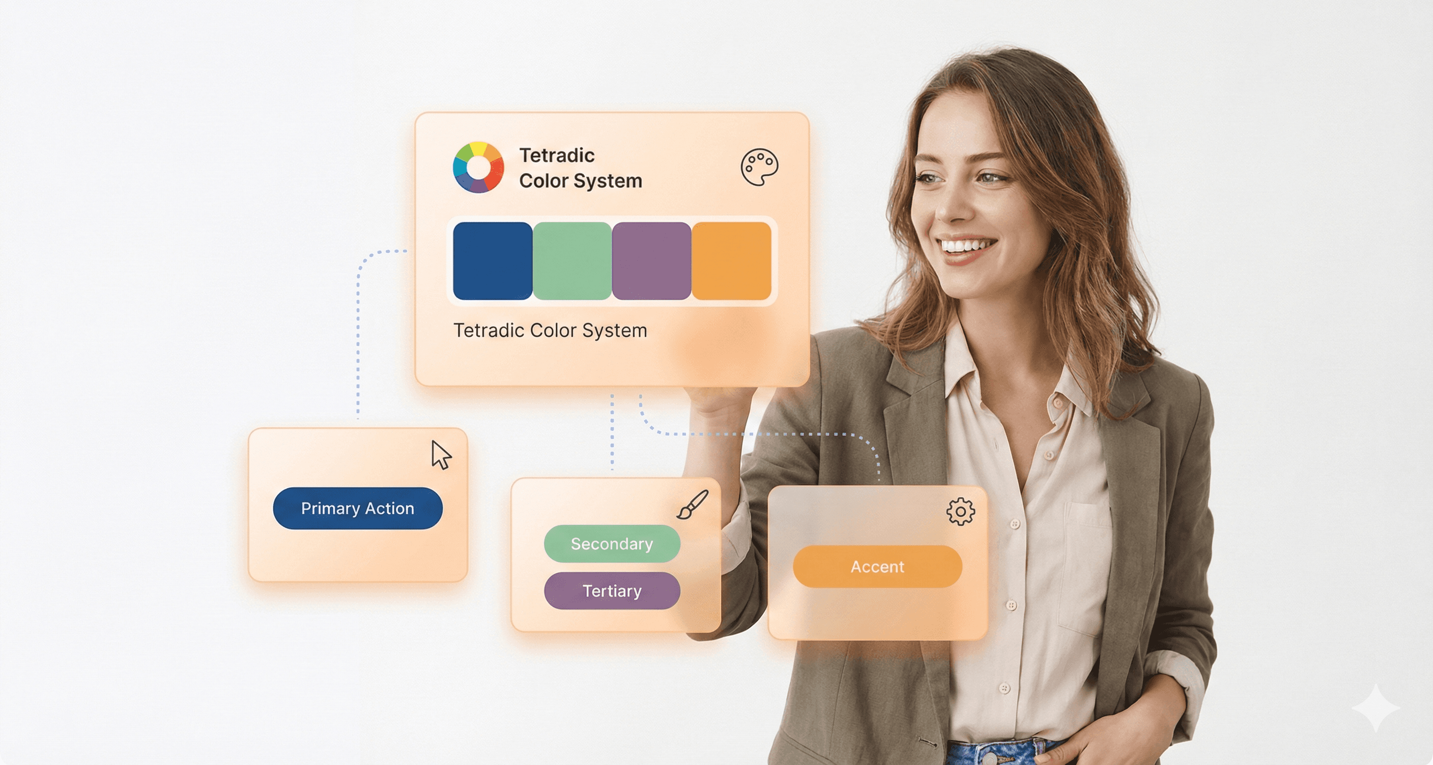 “UI/UX designer reviewing floating SaaS interface cards that demonstrate a balanced tetradic color scheme used in modern product design.”