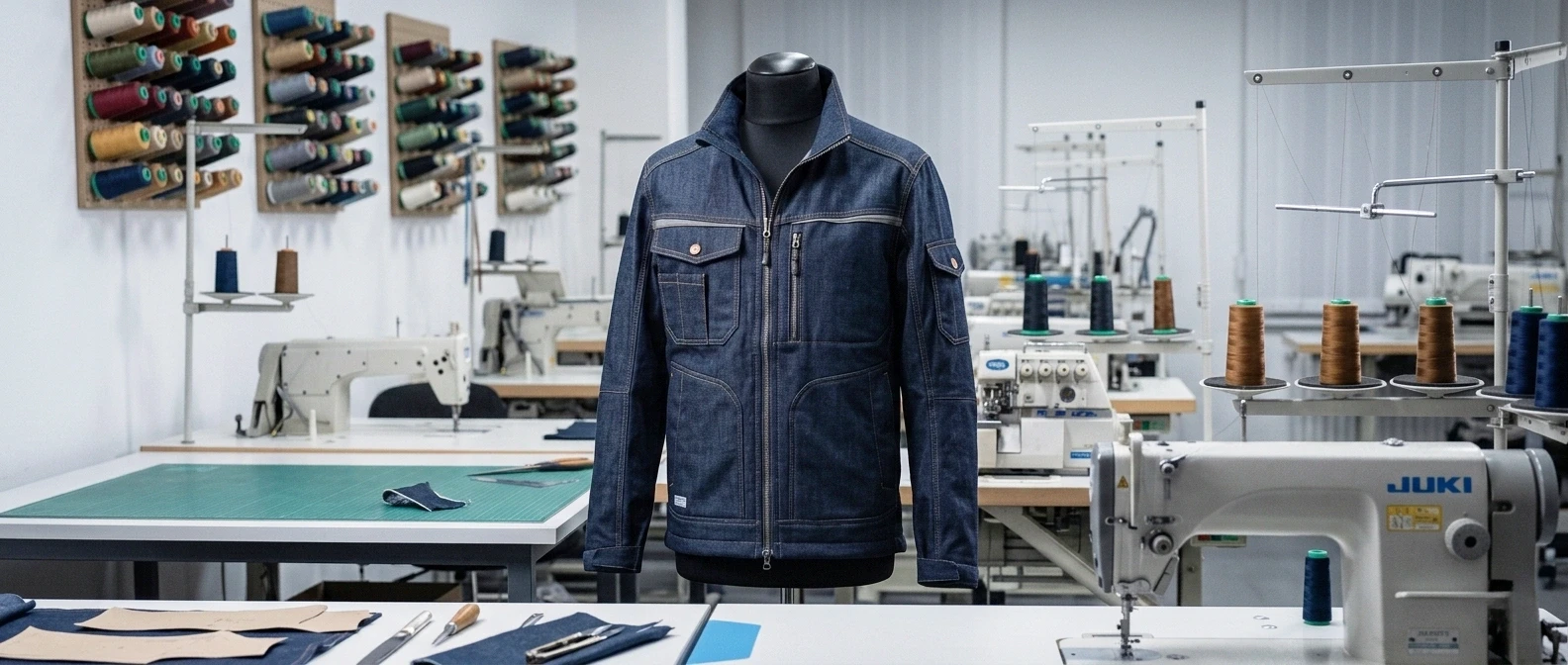 A denim raw navy colour jacket in a black mannequin inside a factory sewing floor where the jackets with all its details and sewing machines are visible. There is a table in front of the black mannequin where you can see the pattern pieces of the garments and threads.